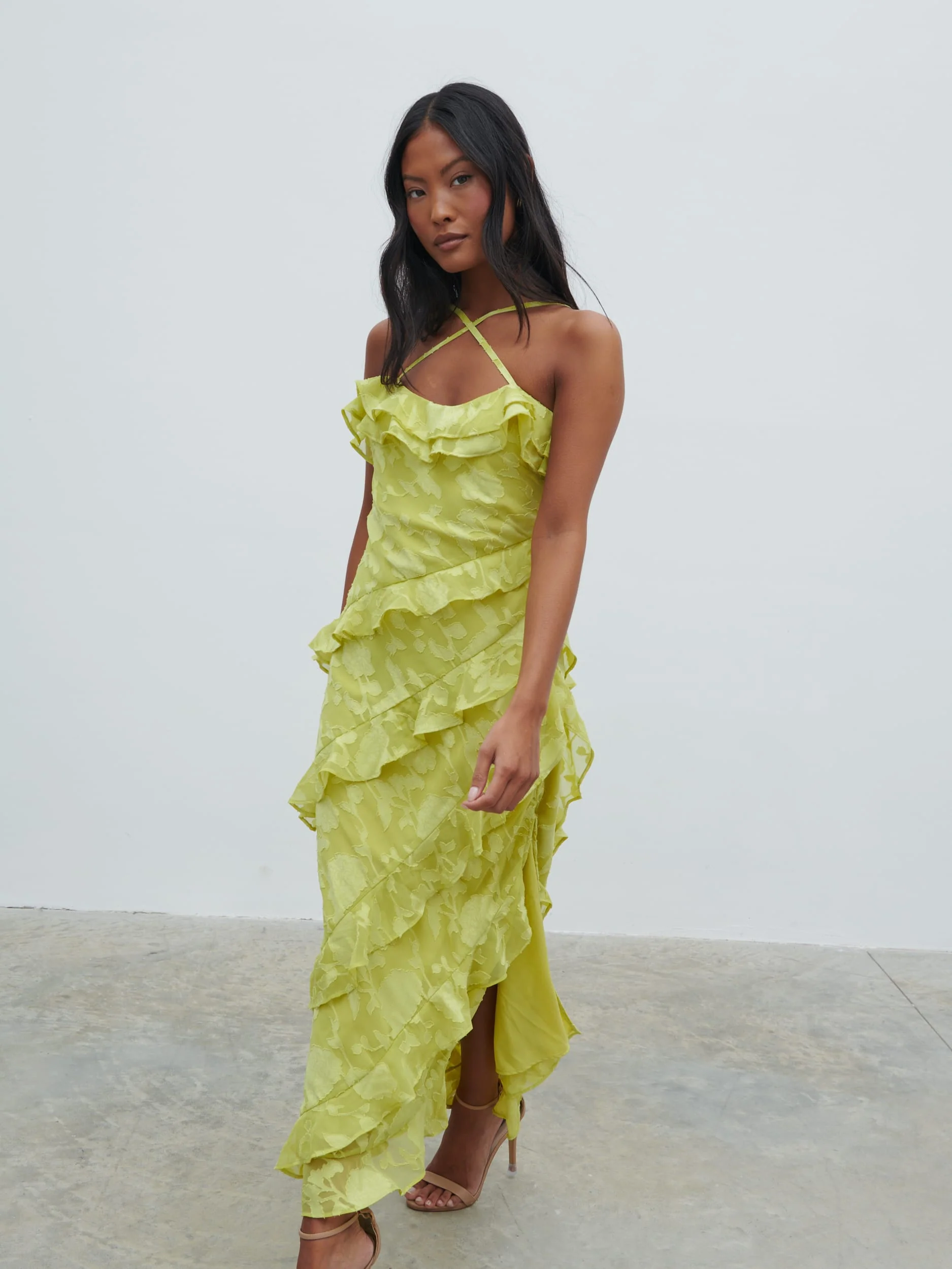 Aryana Jacquard Ruffle Midaxi Dress - Chartreuse - Image 6