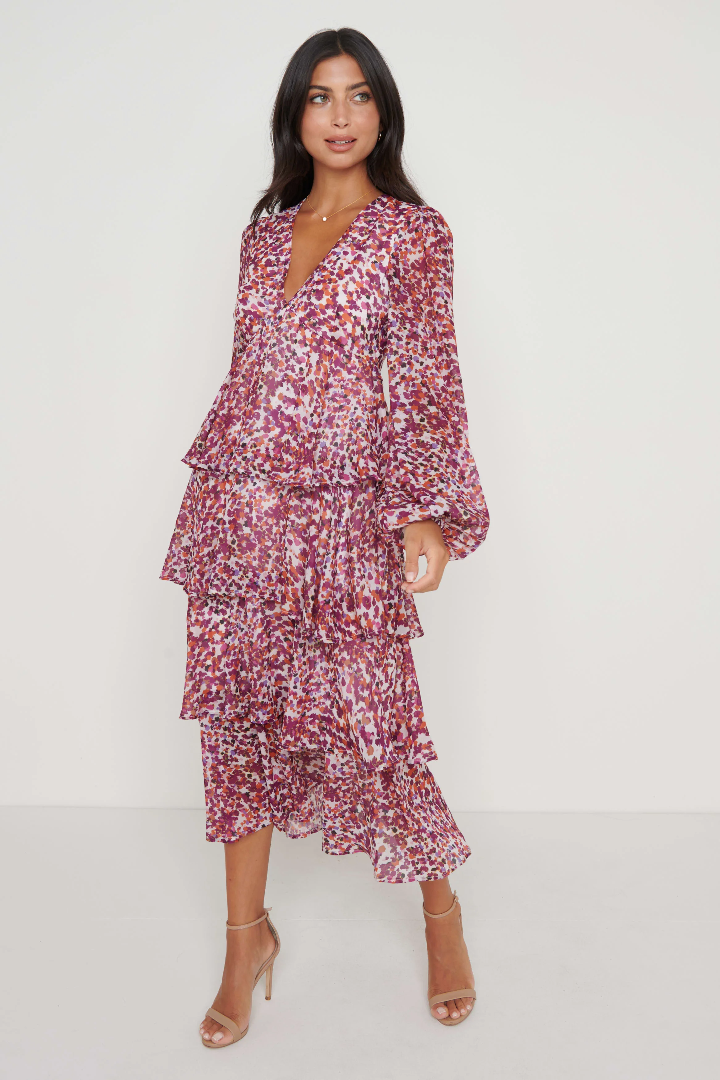 Ashton Ruffle Midi Dress - Coral Abstract