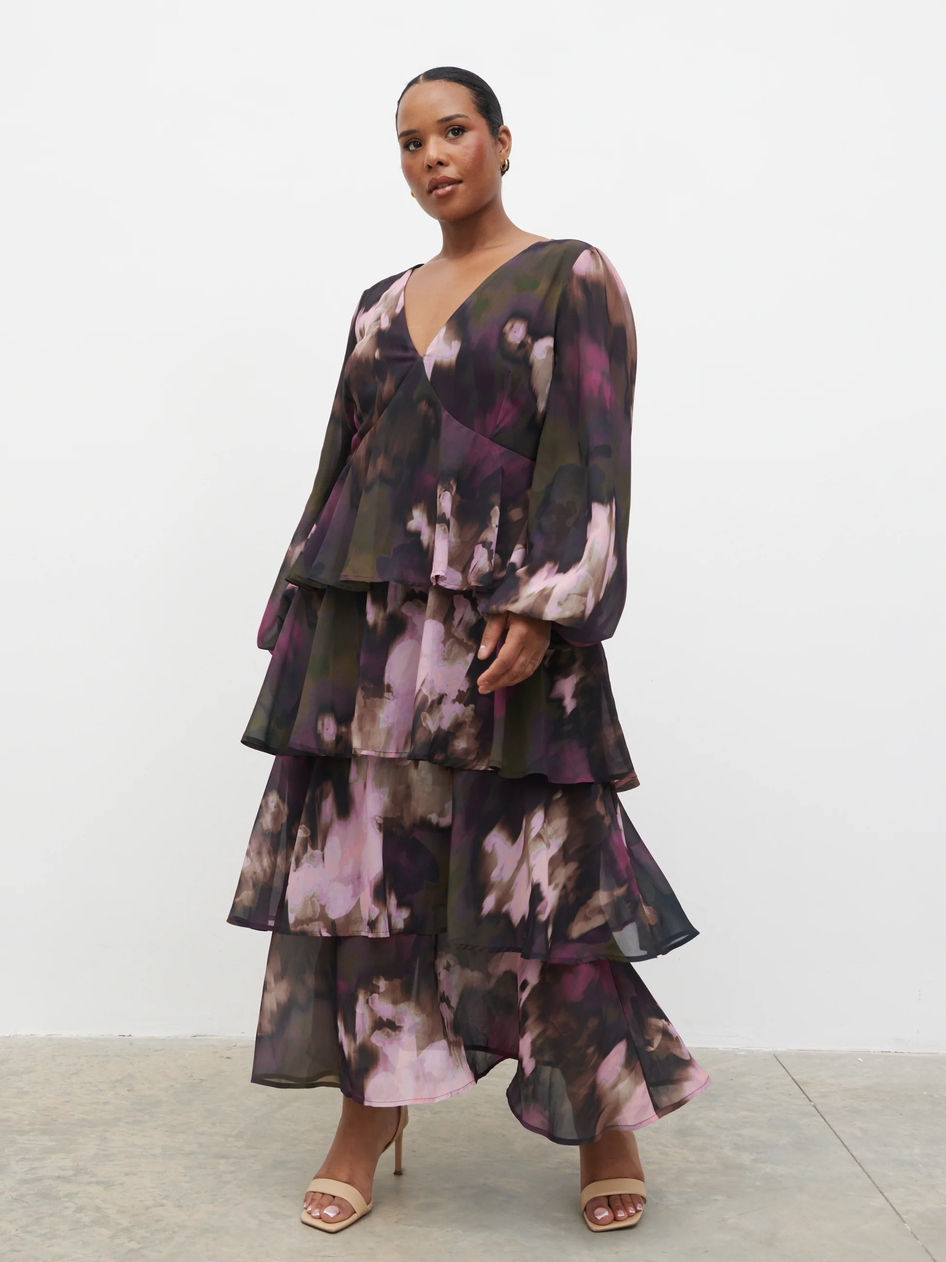 Ashton Ruffle Midi Dress Curve - Purple and Khaki Ombre