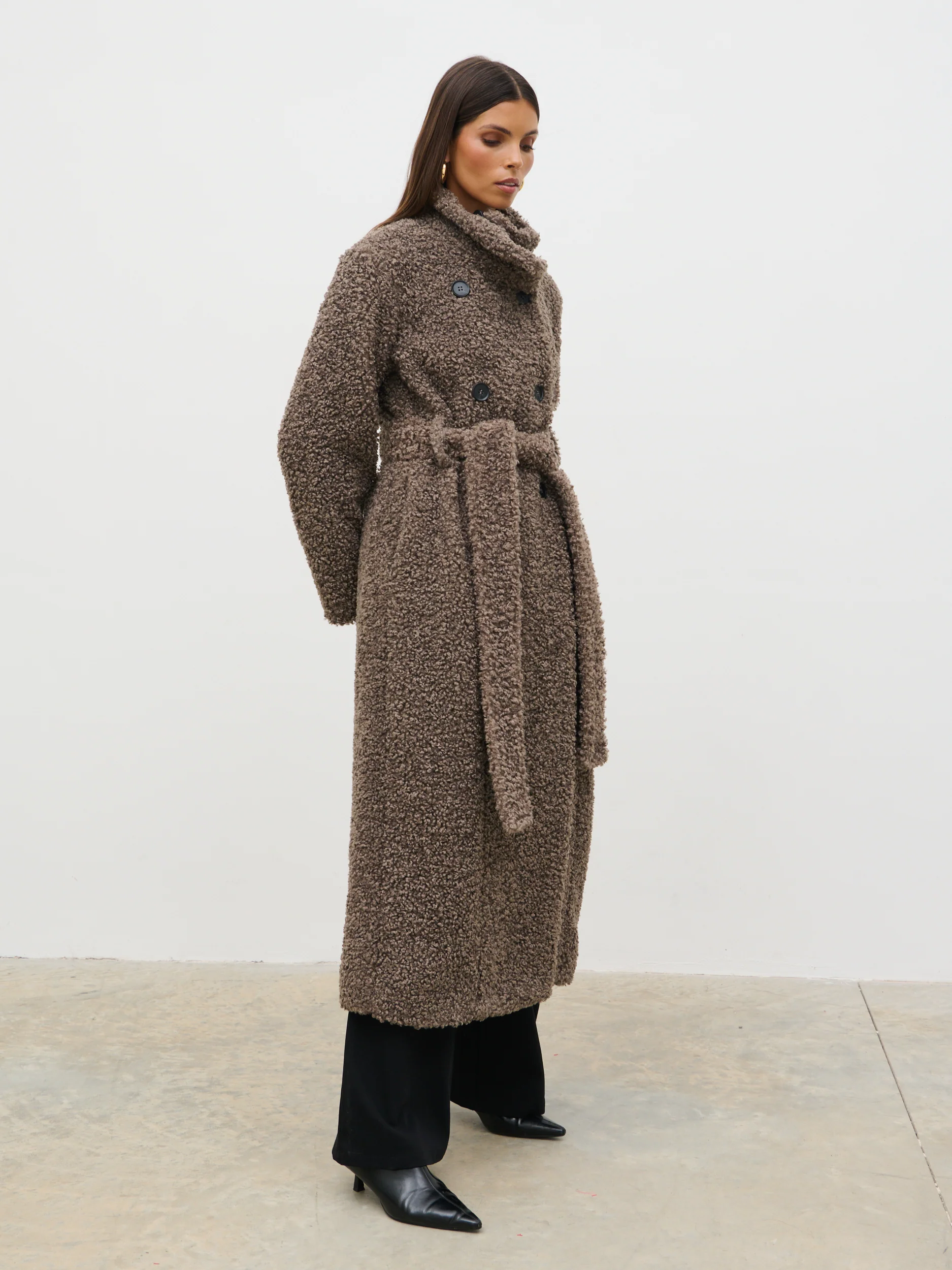Atlas Boucle Funnel Neck Longline Coat - Mushroom