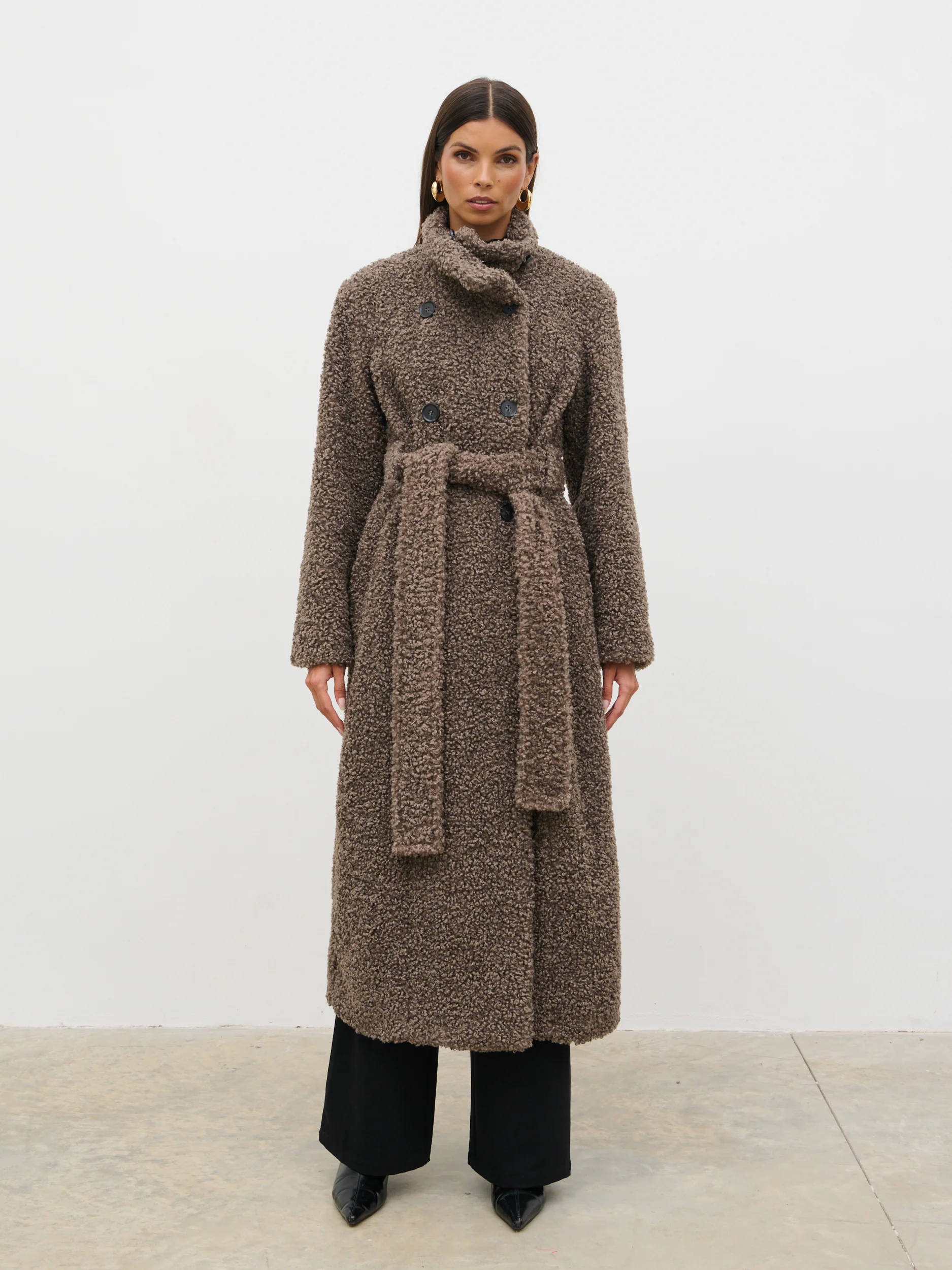 Atlas Boucle Funnel Neck Longline Coat - Mushroom - Image 3