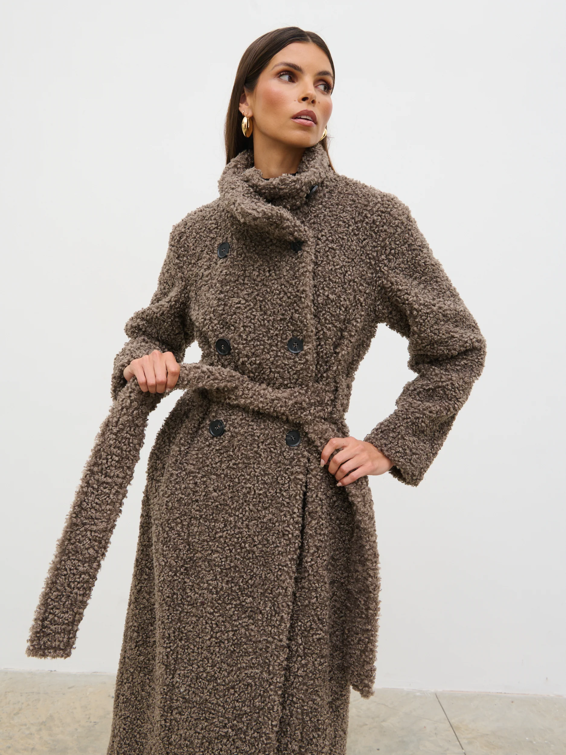Atlas Boucle Funnel Neck Longline Coat - Mushroom - Image 4