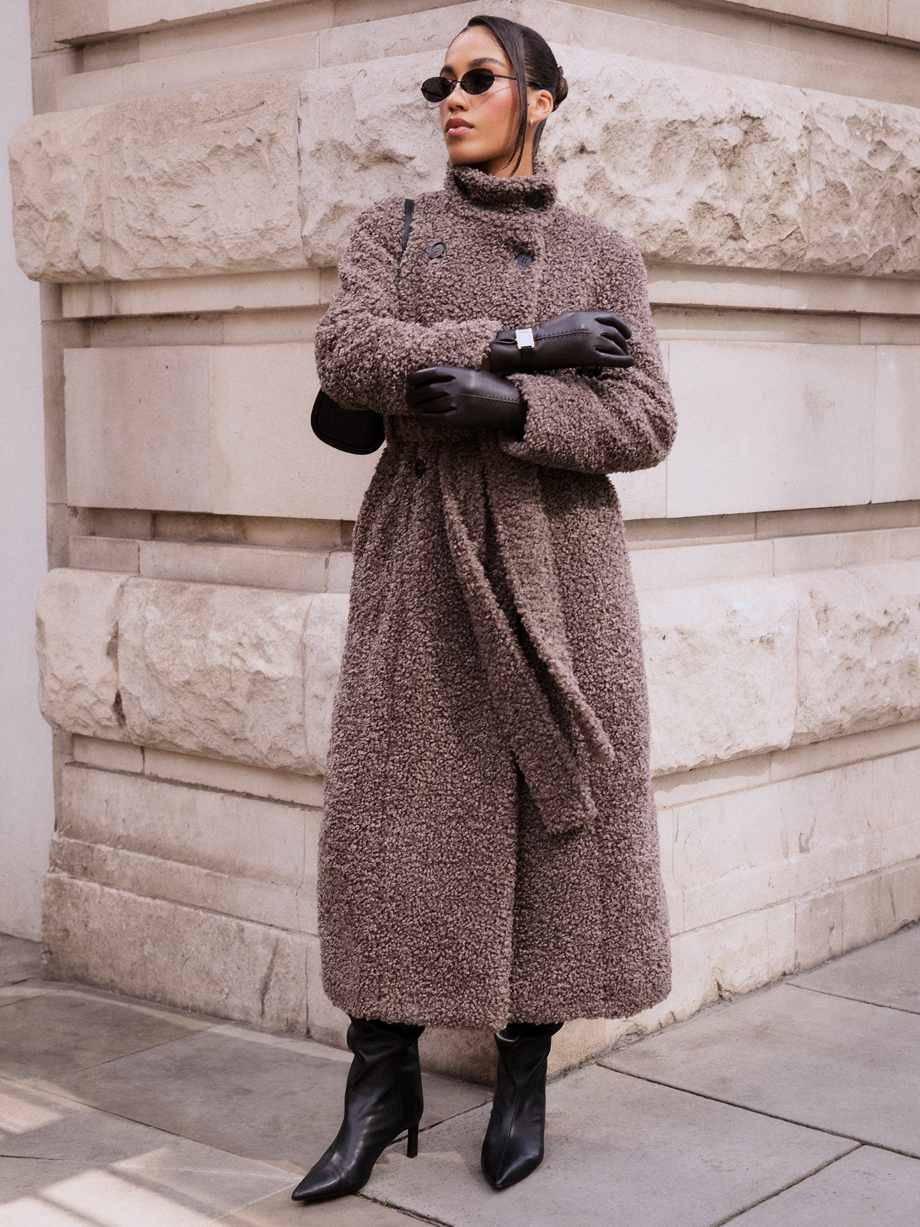Atlas Boucle Funnel Neck Longline Coat - Mushroom - Image 5