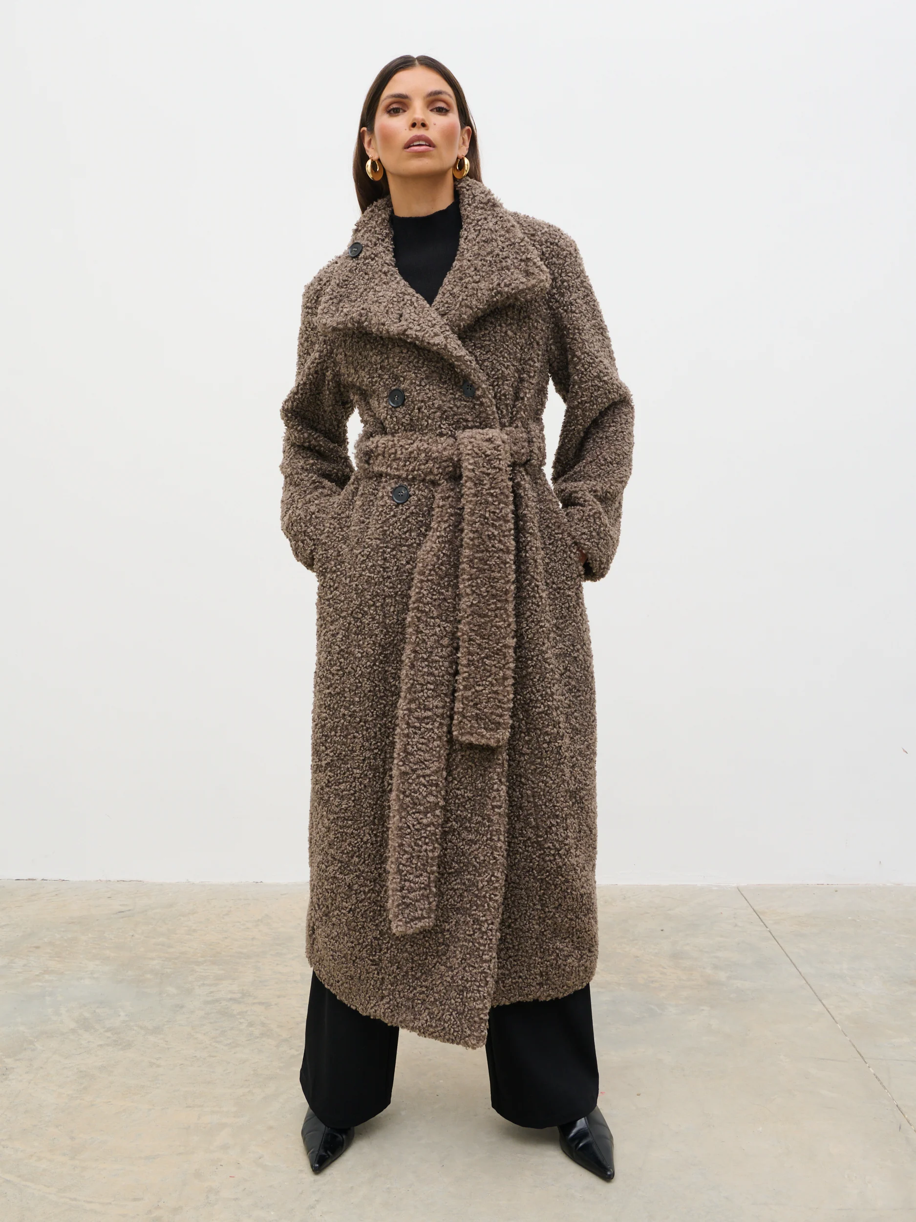 Atlas Boucle Funnel Neck Longline Coat - Mushroom - Image 6