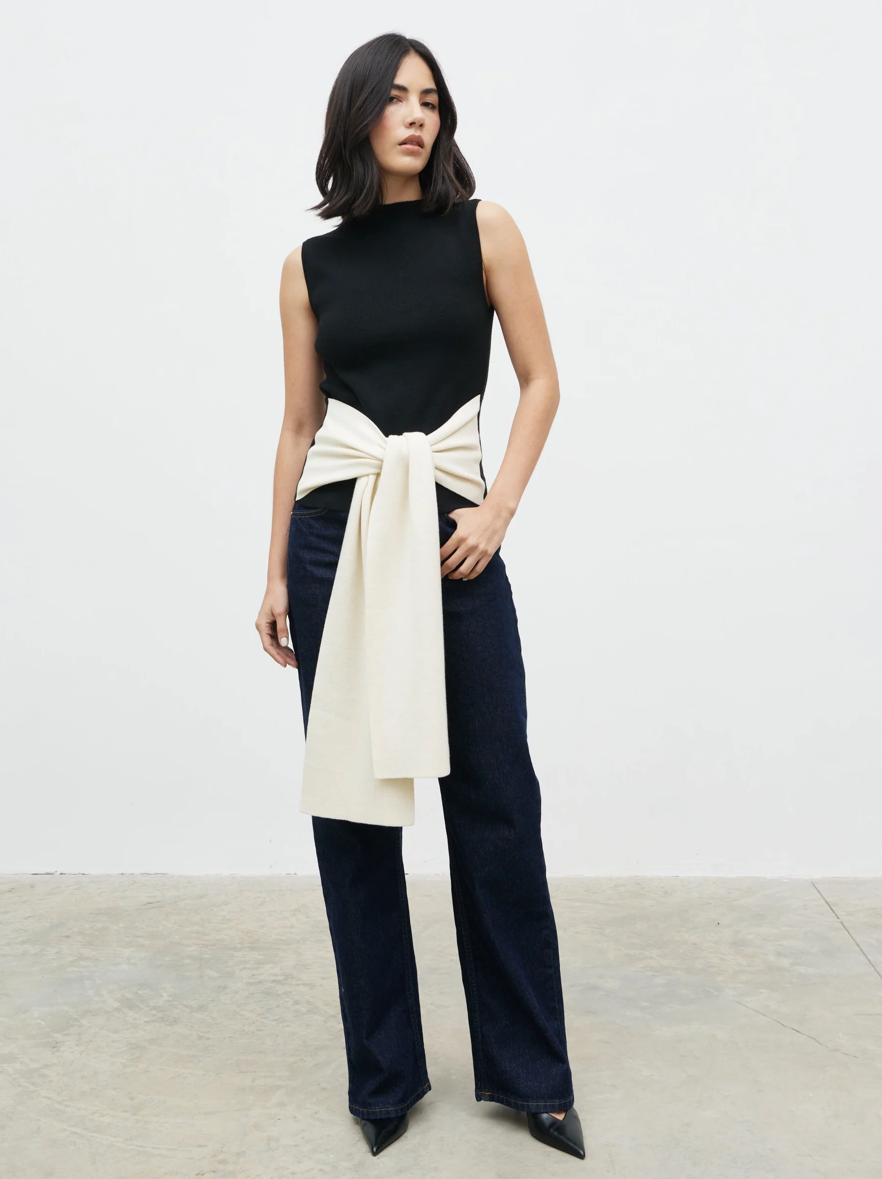 Audrey Waist Tie Sleeveless Knit Top - Black and Cream