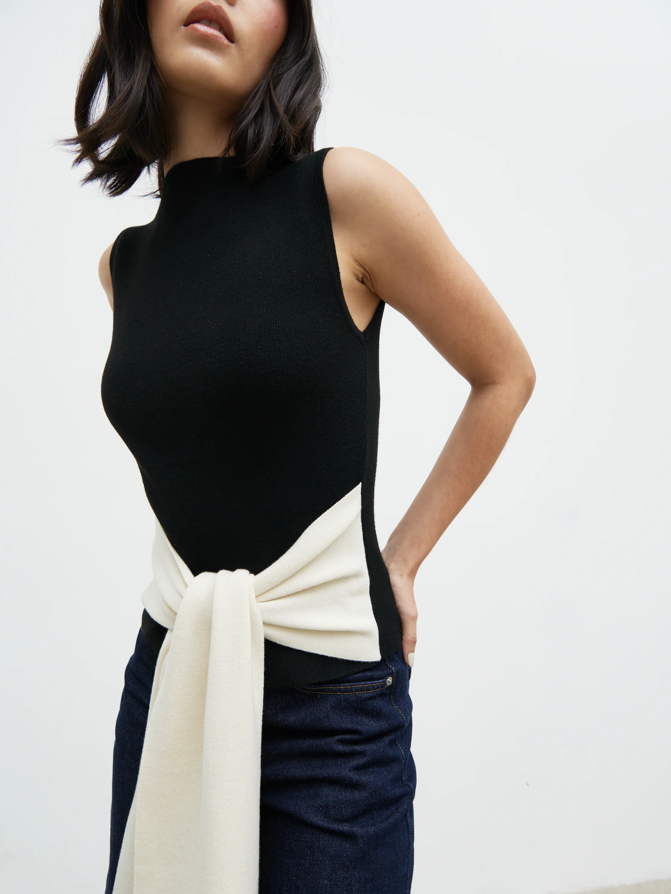 Audrey Waist Tie Sleeveless Knit Top - Black and Cream - Image 2