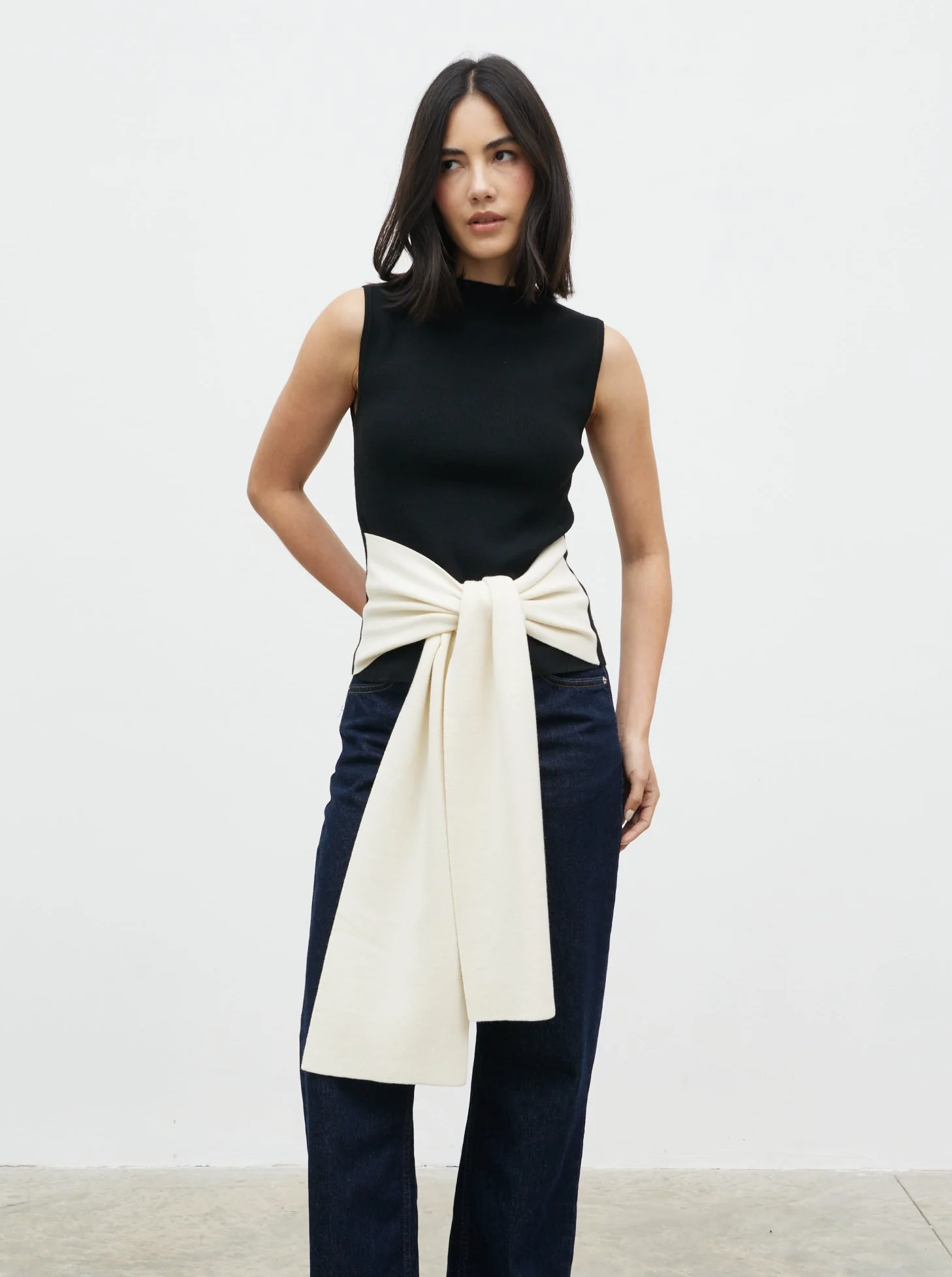 Audrey Waist Tie Sleeveless Knit Top - Black and Cream - Image 3