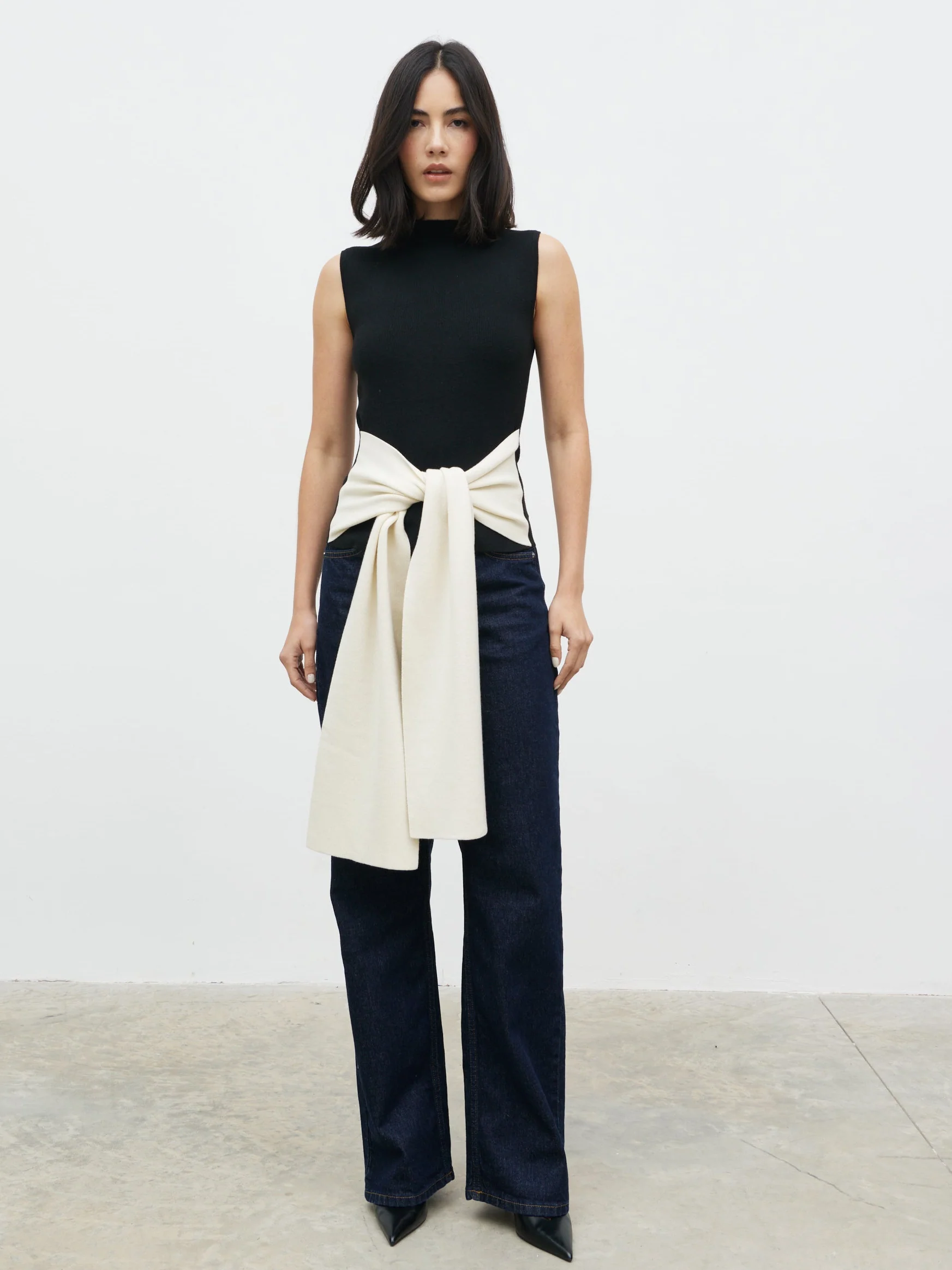 Audrey Waist Tie Sleeveless Knit Top - Black and Cream - Image 4