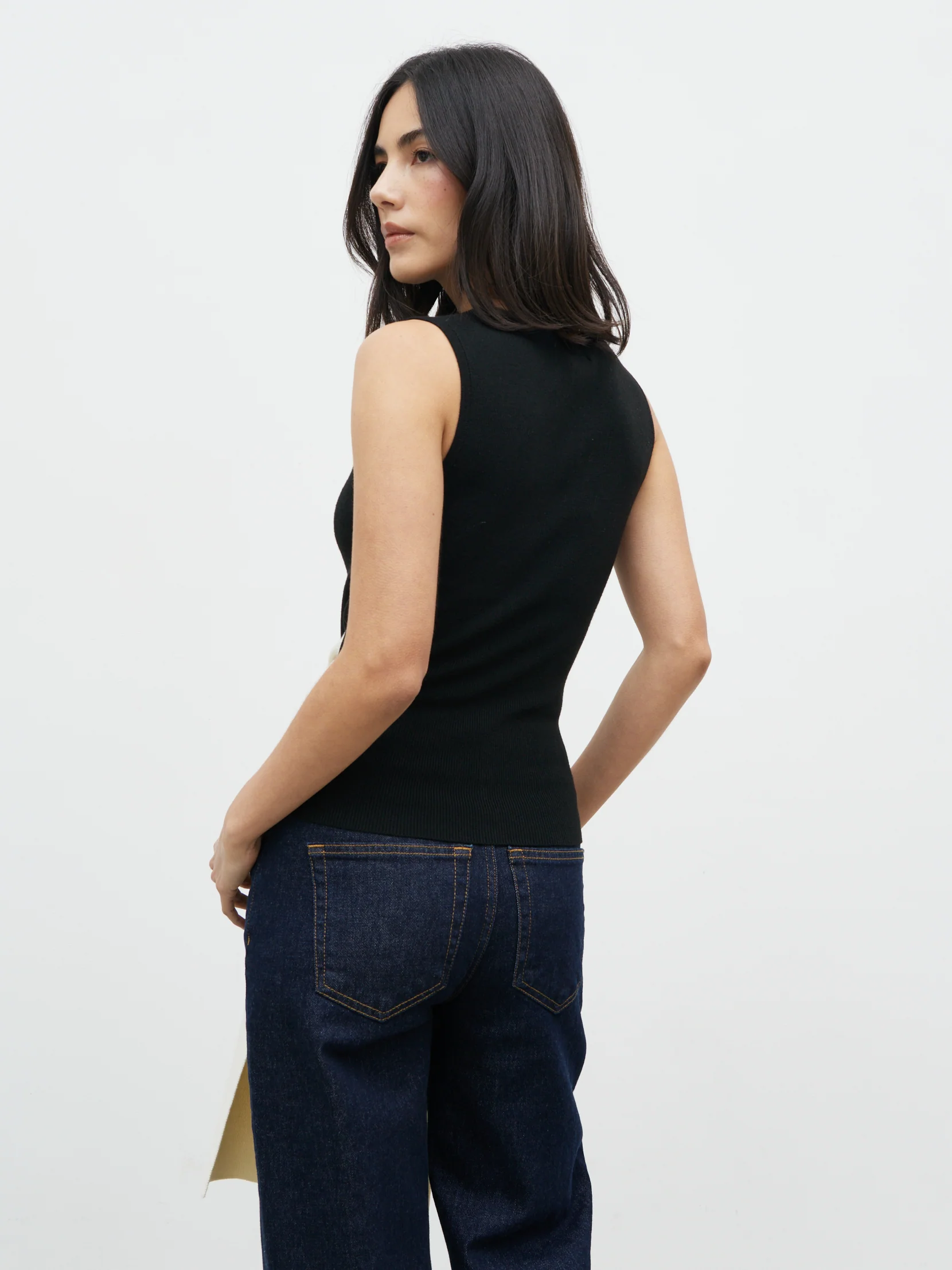 Audrey Waist Tie Sleeveless Knit Top - Black and Cream - Image 5