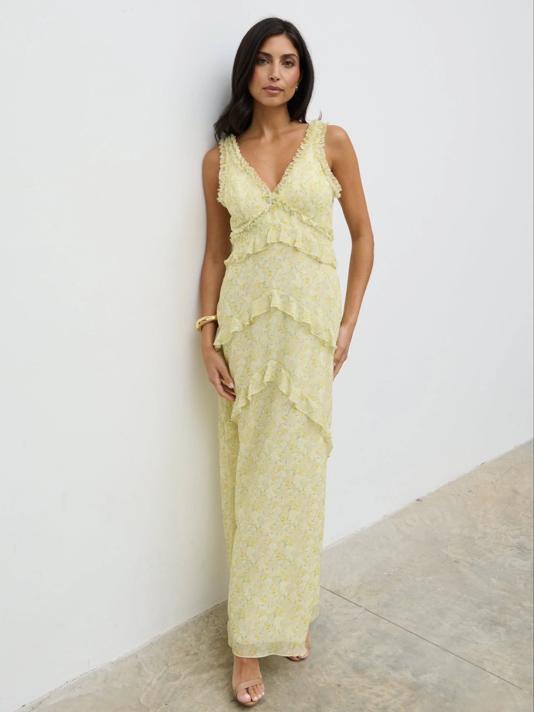 Aurelia Ruffle Maxi Dress - Lime Ditsy Floral