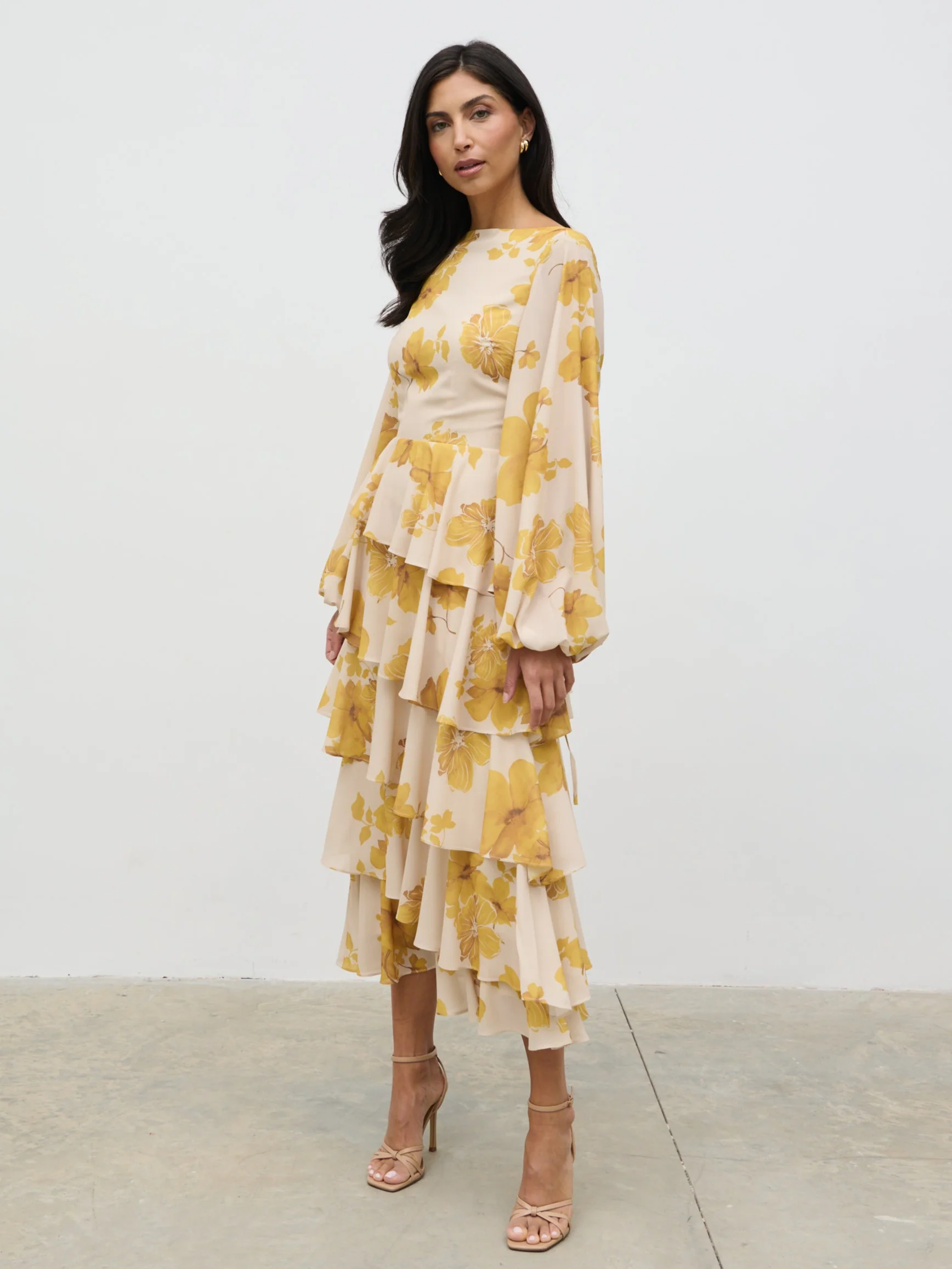 Beatris Backless Ruffle Midaxi Dress - Yellow Ochre Floral