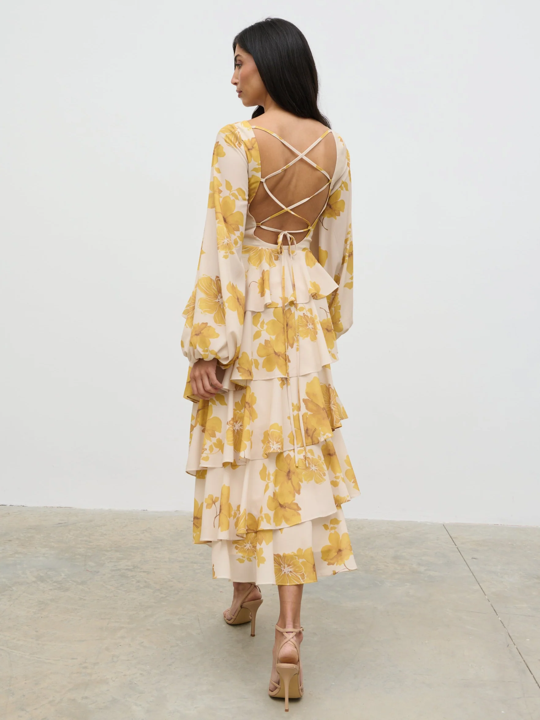 Beatris Backless Ruffle Midaxi Dress - Yellow Ochre Floral - Image 2