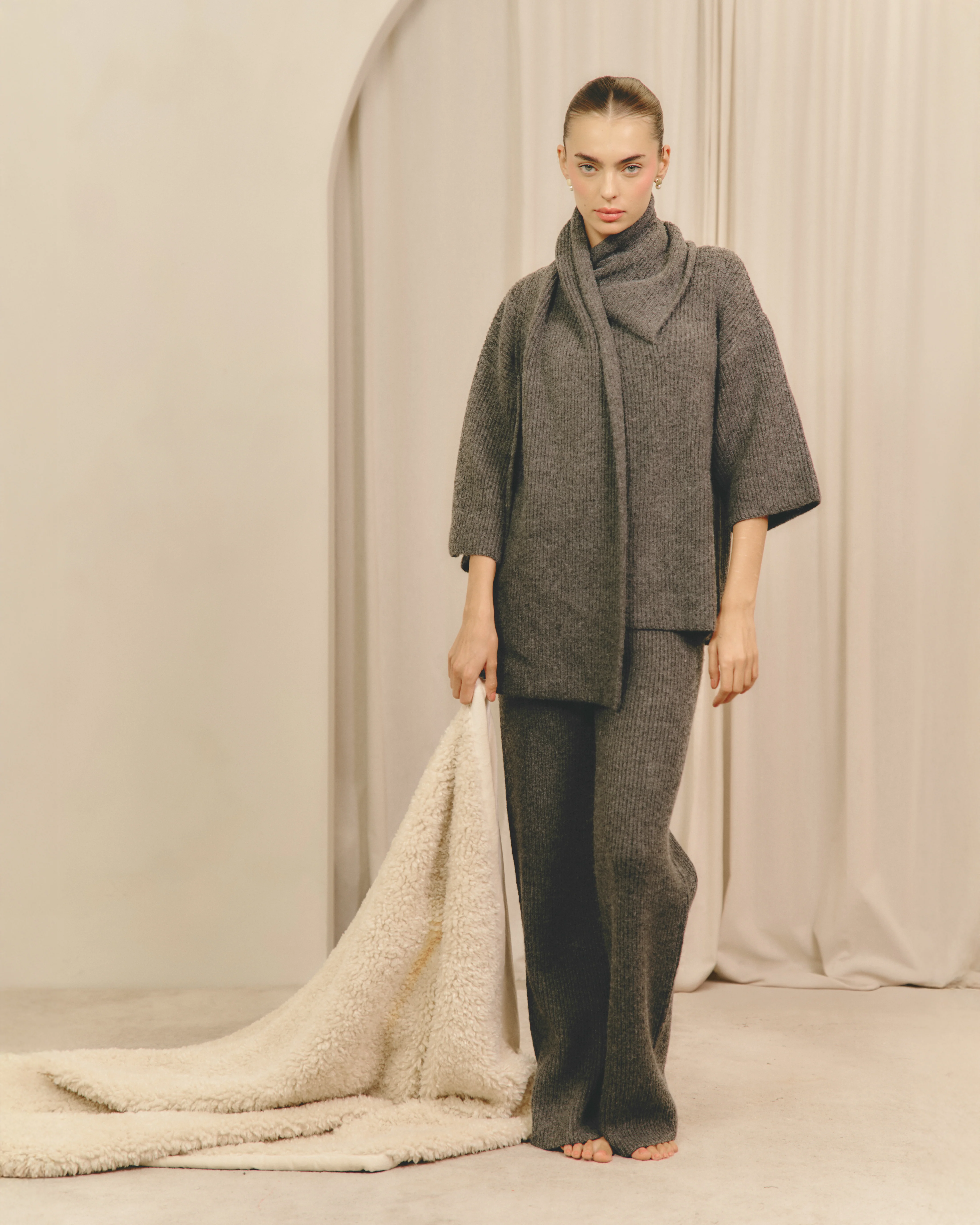 Beautrix Knit Attached Scarf Jumper - Charcoal