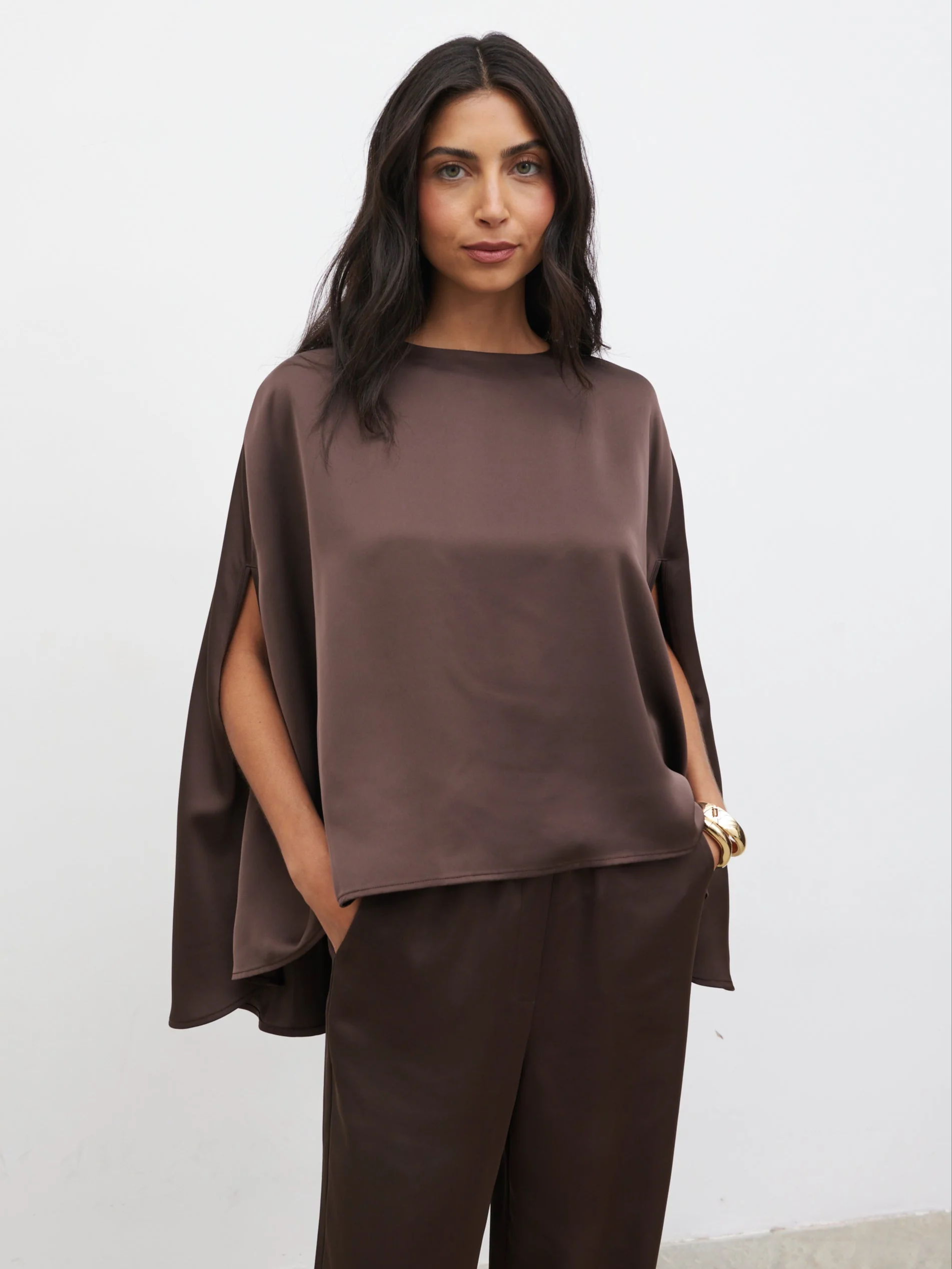 Breya Cape Floaty Satin Top - Chocolate Brown