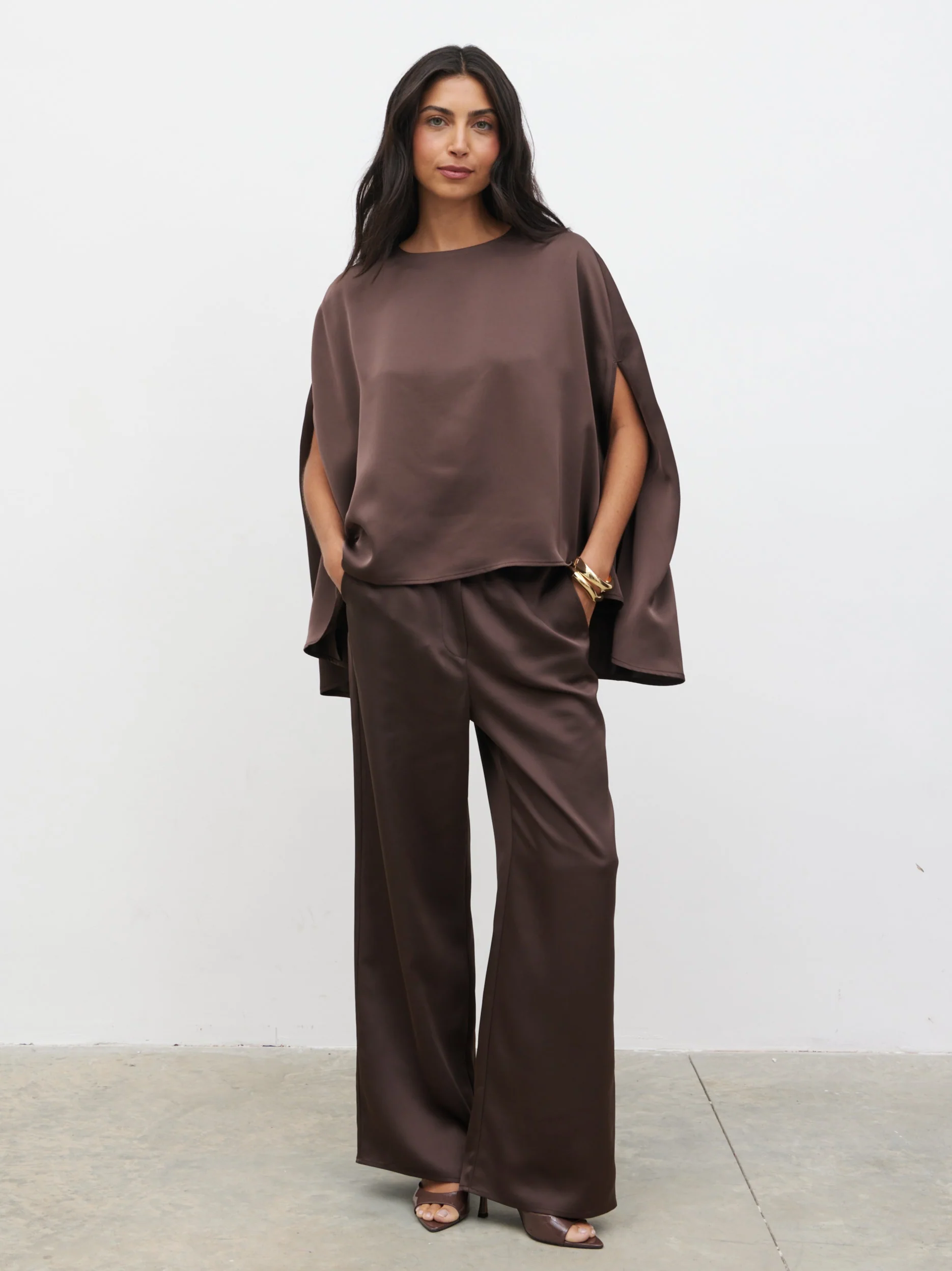 Breya Cape Floaty Satin Top - Chocolate Brown - Image 2