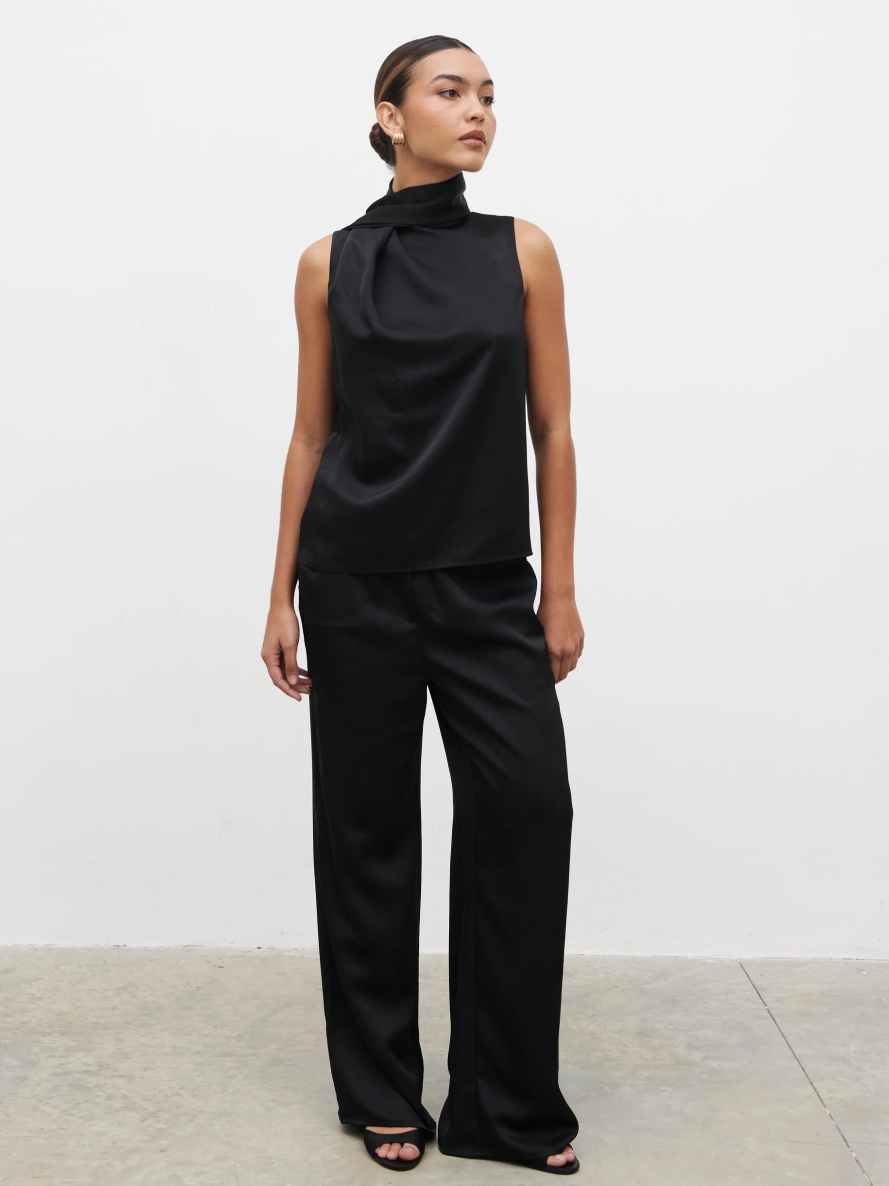 Breya Scarf Satin Top - Black
