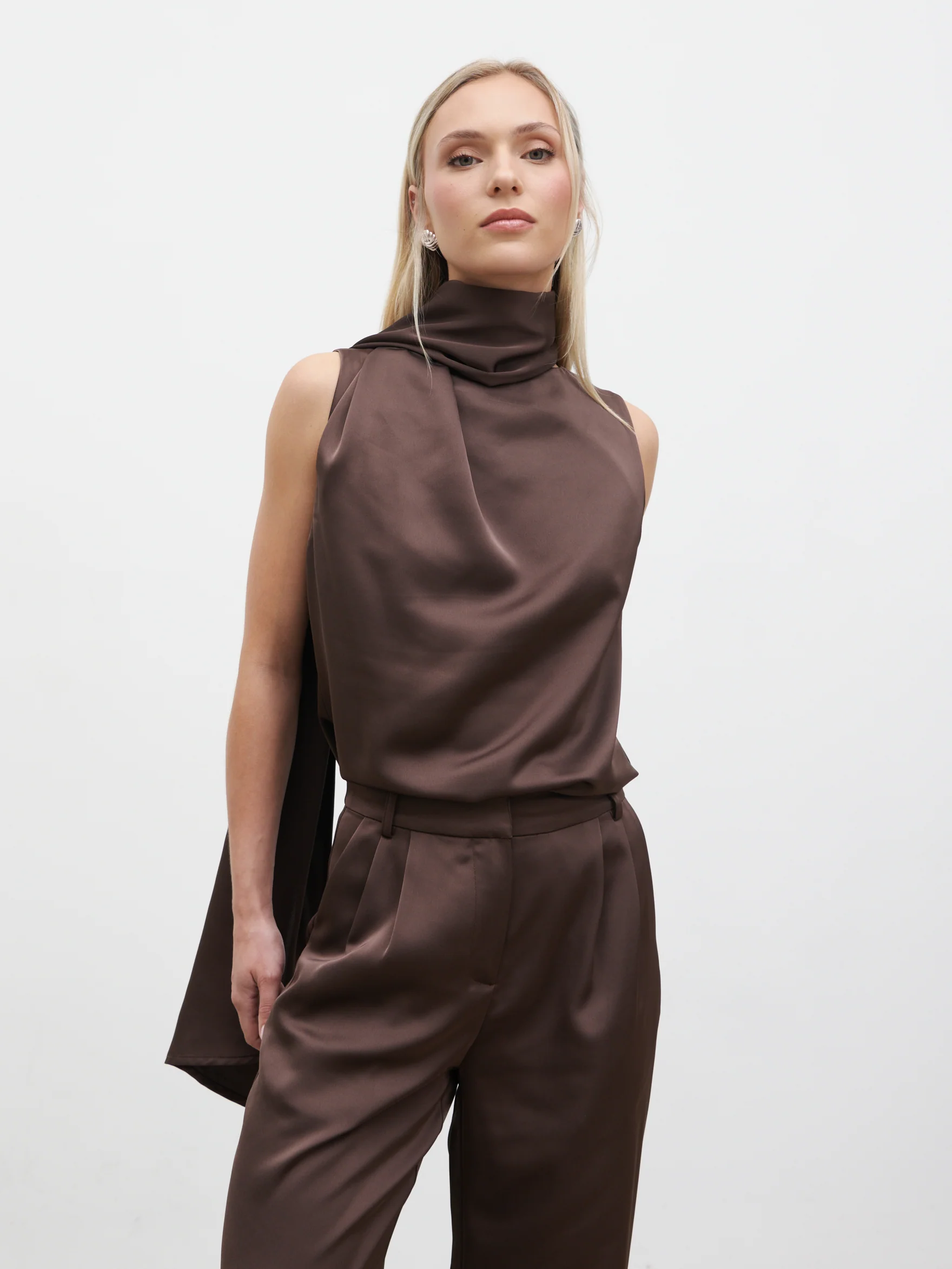 Breya Scarf Satin Top - Chocolate Brown - Image 2