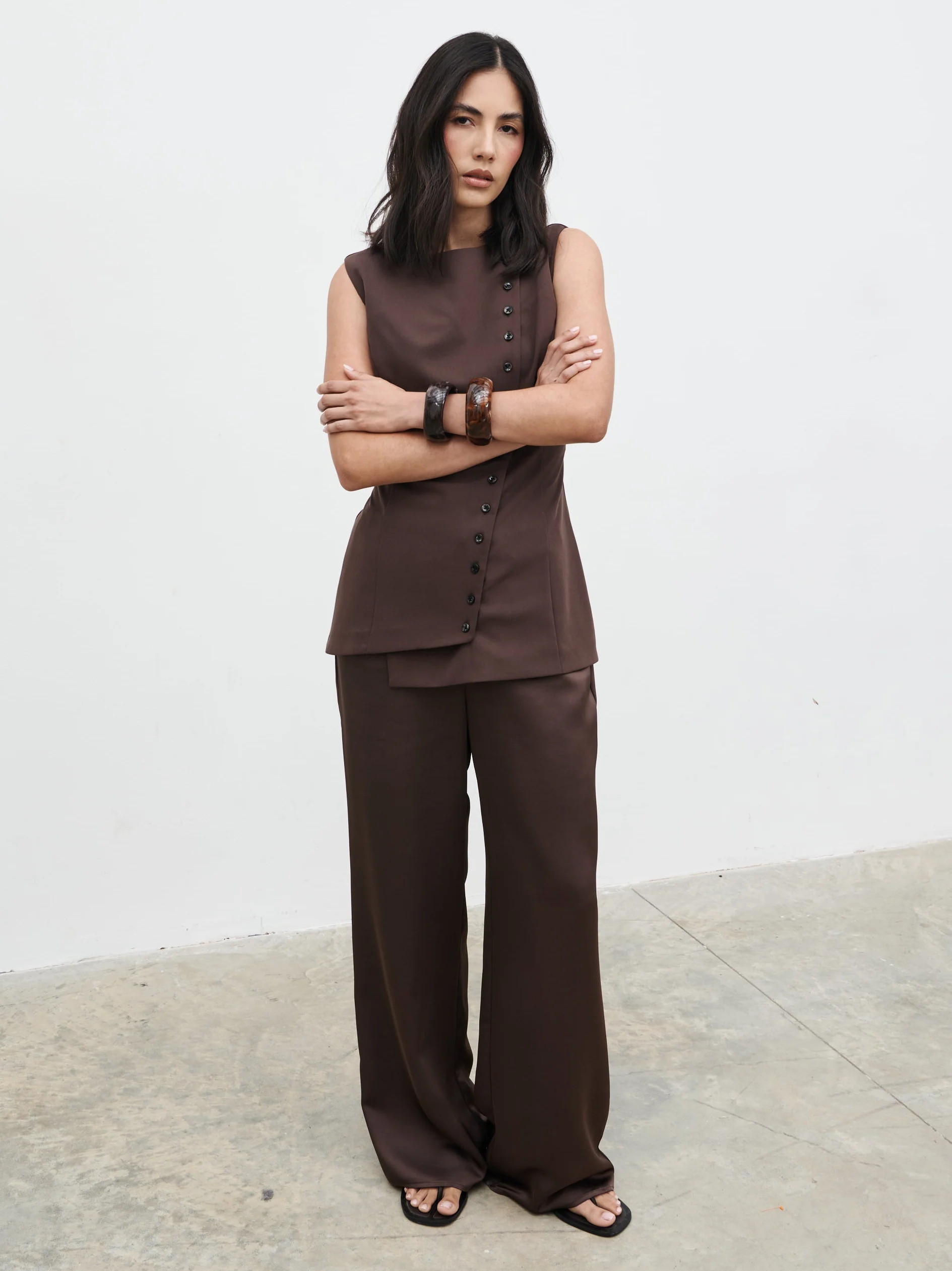Brylee Asymmetric Button Waistcoat - Brown - Image 3
