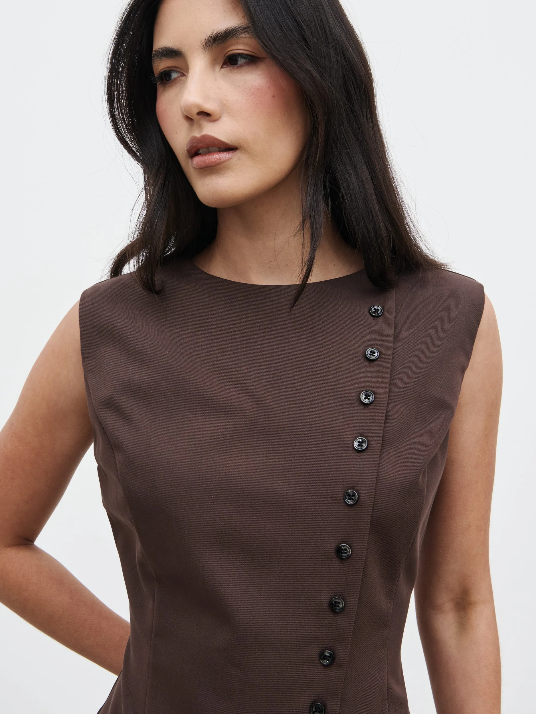 Brylee Asymmetric Button Waistcoat - Brown - Image 4