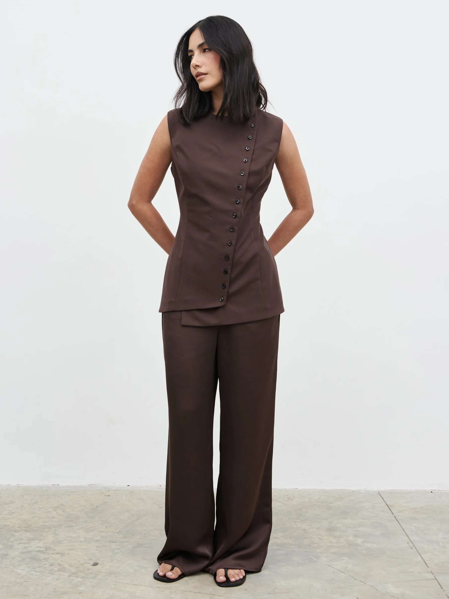 Brylee Asymmetric Button Waistcoat - Brown - Image 5