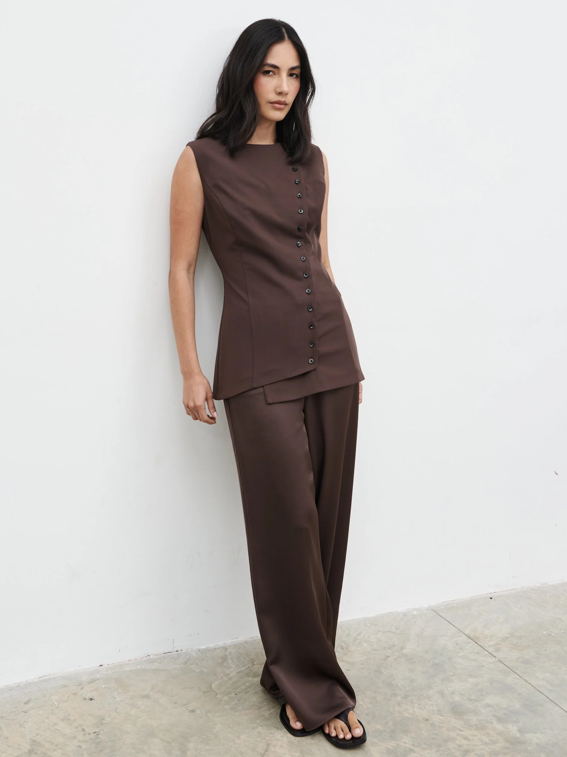 Brylee Asymmetric Button Waistcoat - Brown - Image 6