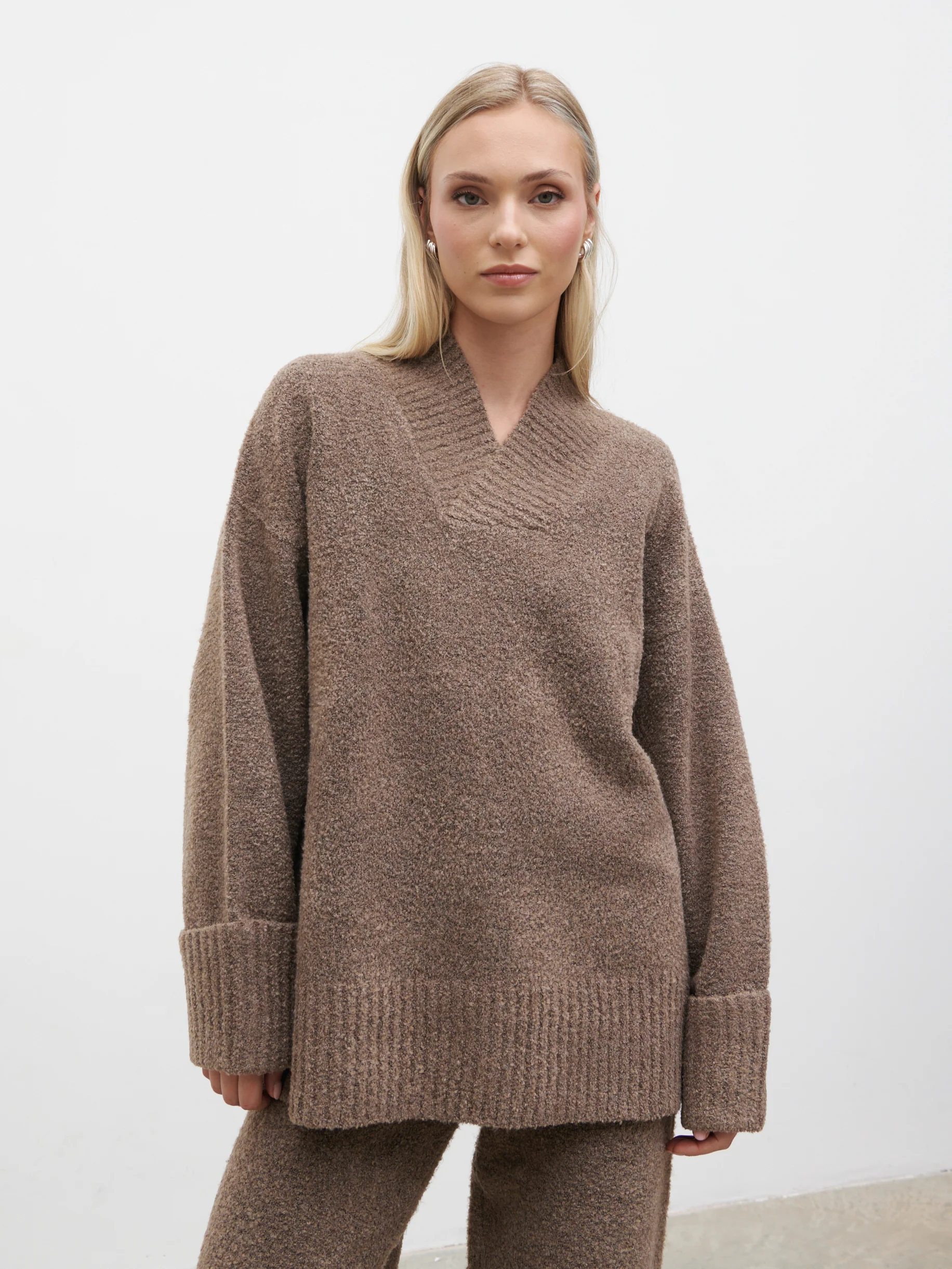 Camille V Neck Oversized Borg Jumper - Mocha