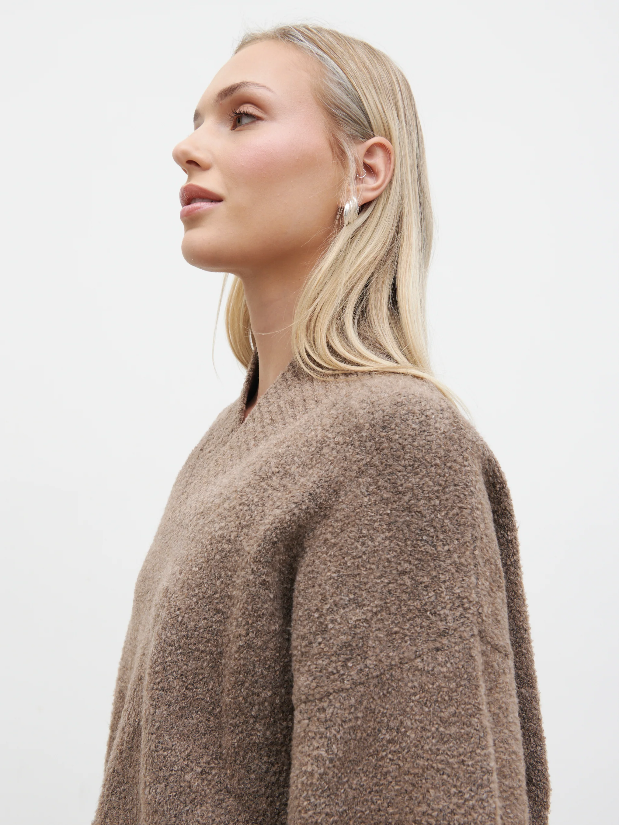 Camille V Neck Oversized Borg Jumper - Mocha - Image 2