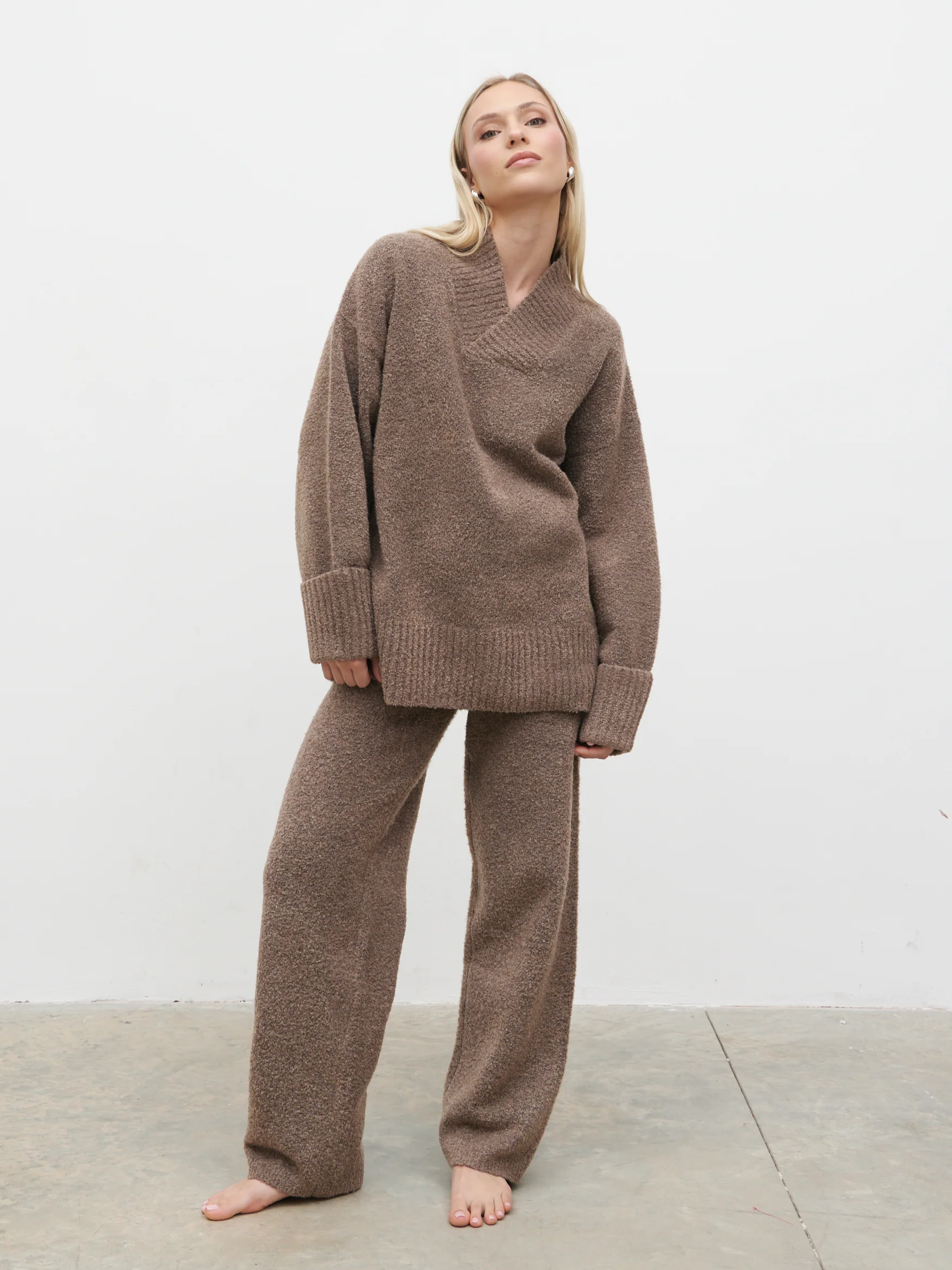 Camille V Neck Oversized Borg Jumper - Mocha - Image 3