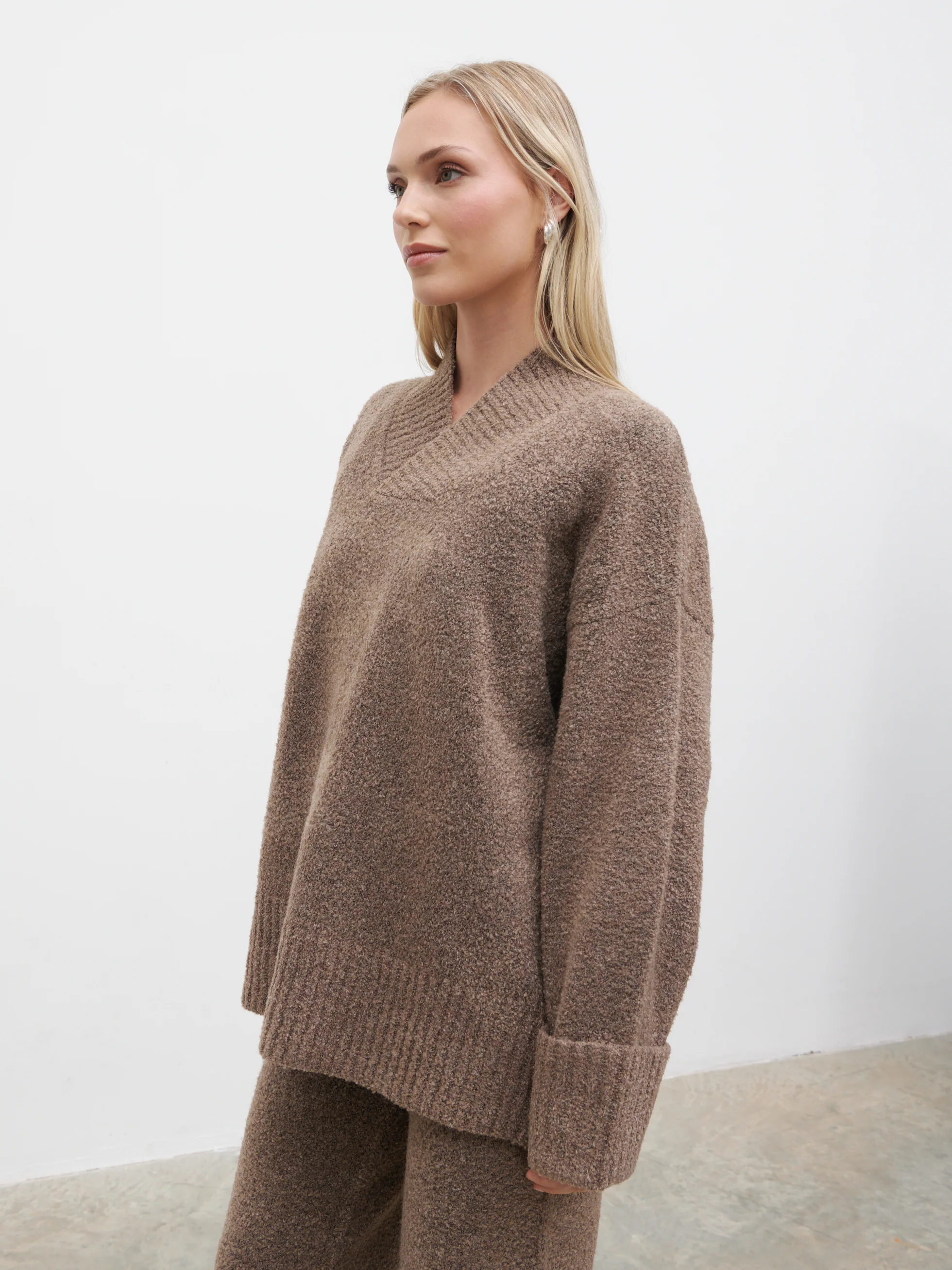 Camille V Neck Oversized Borg Jumper - Mocha - Image 4