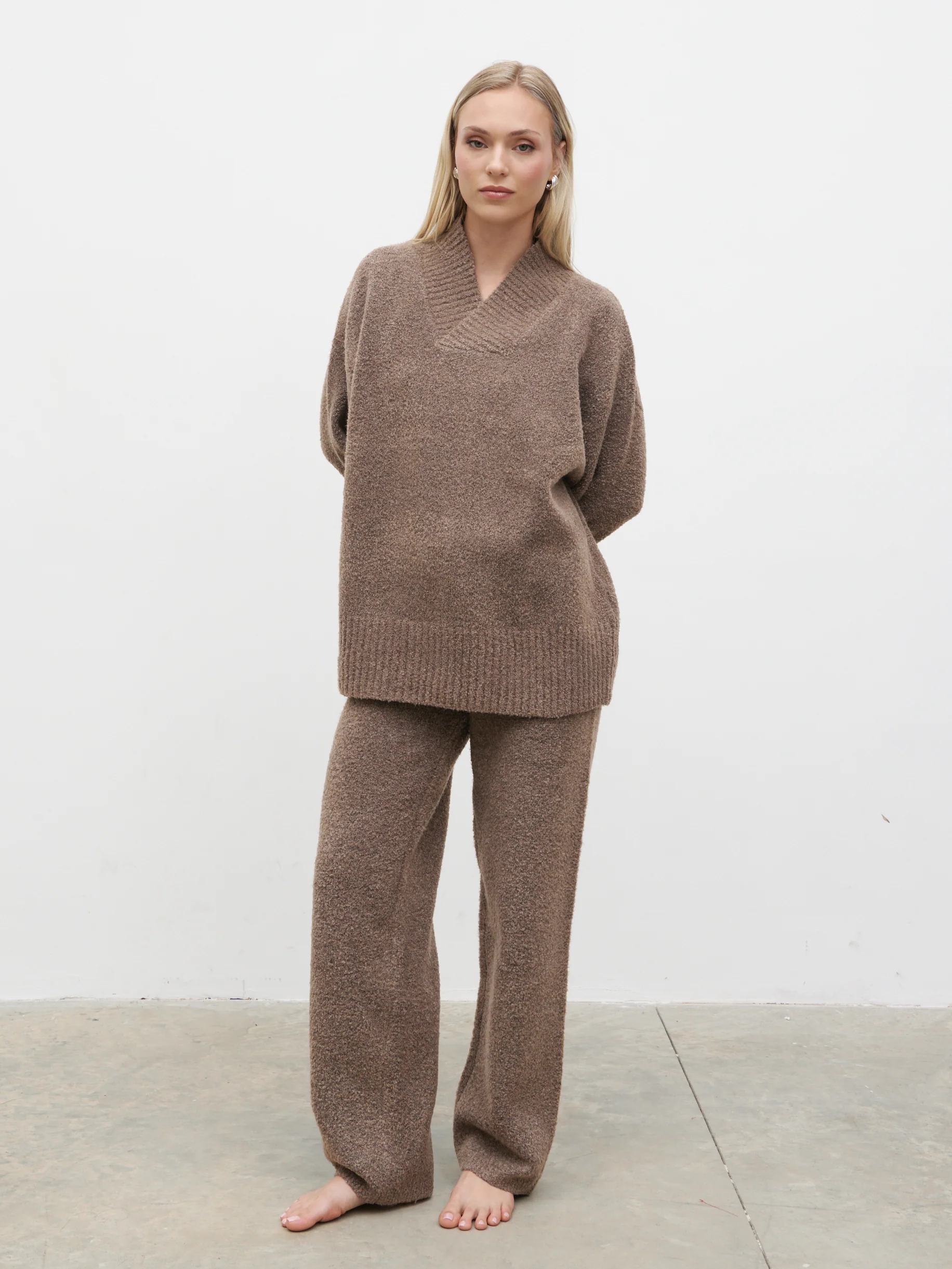 Camille V Neck Oversized Borg Jumper - Mocha - Image 5