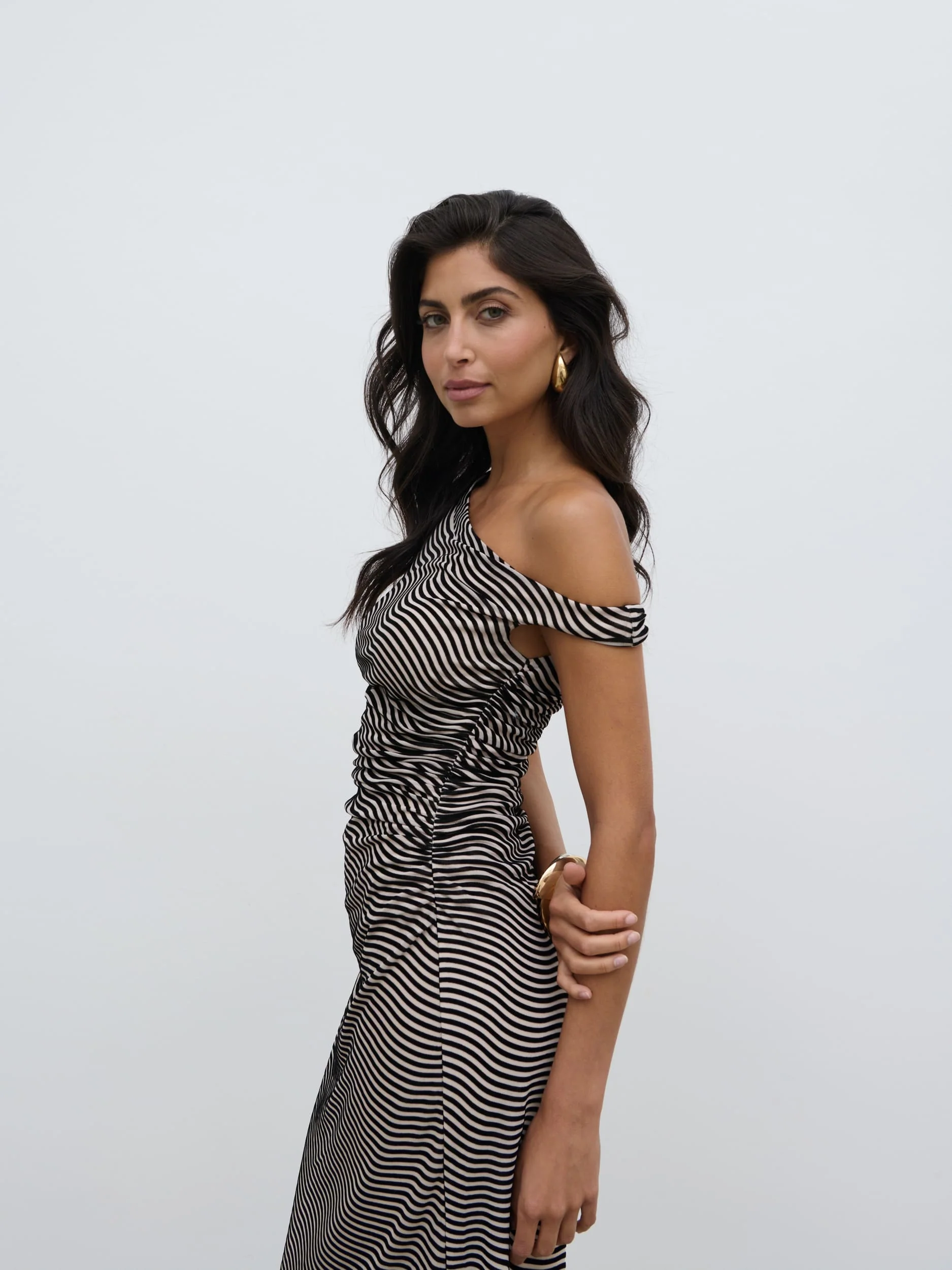 Carrie Asymmetric Knot Midaxi Dress - Black and Cream Stripe - Image 3