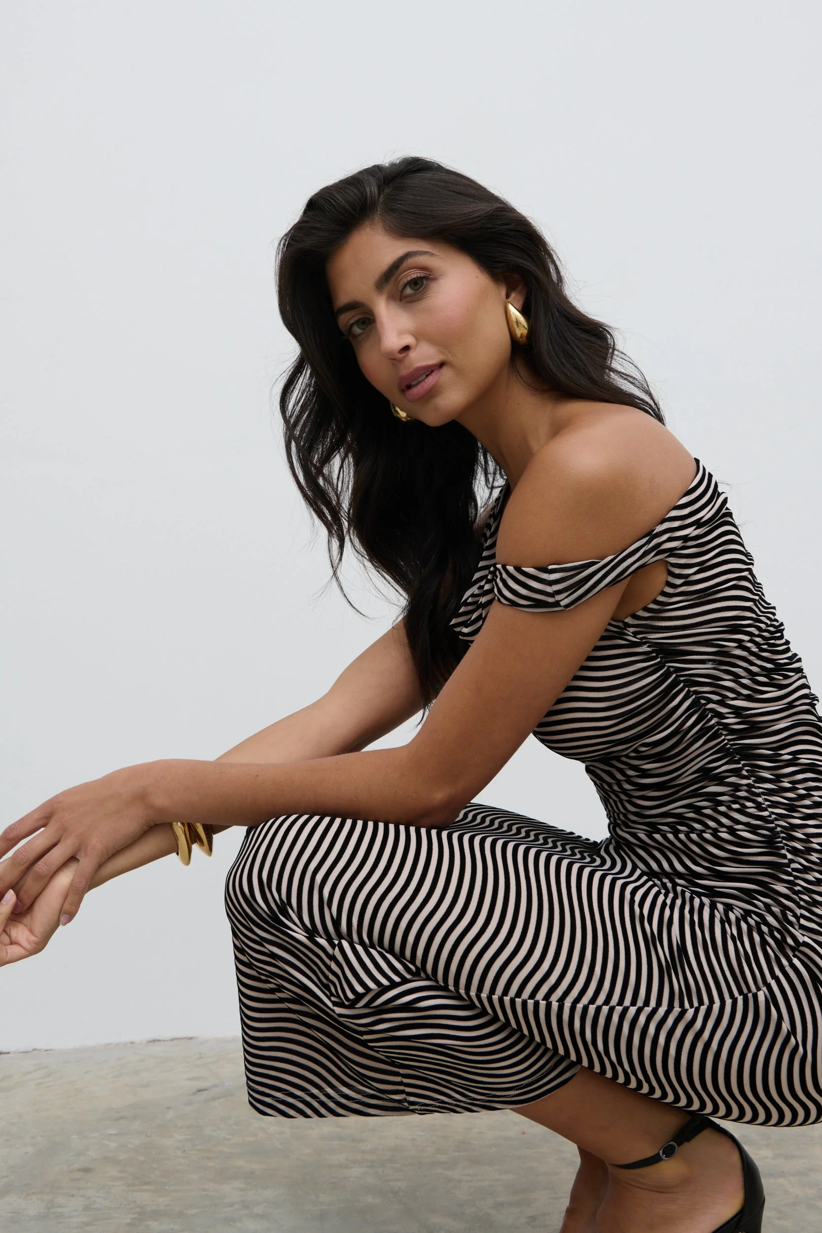 Carrie Asymmetric Knot Midaxi Dress - Black and Cream Stripe - Image 5