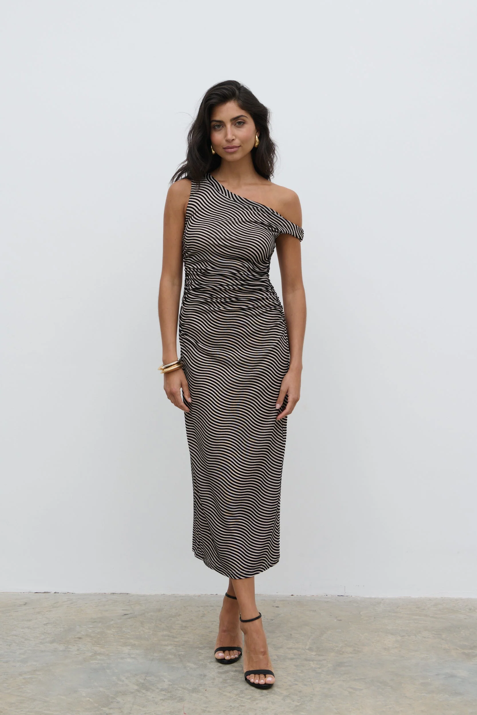 Carrie Asymmetric Knot Midaxi Dress - Black and Cream Stripe - Image 6