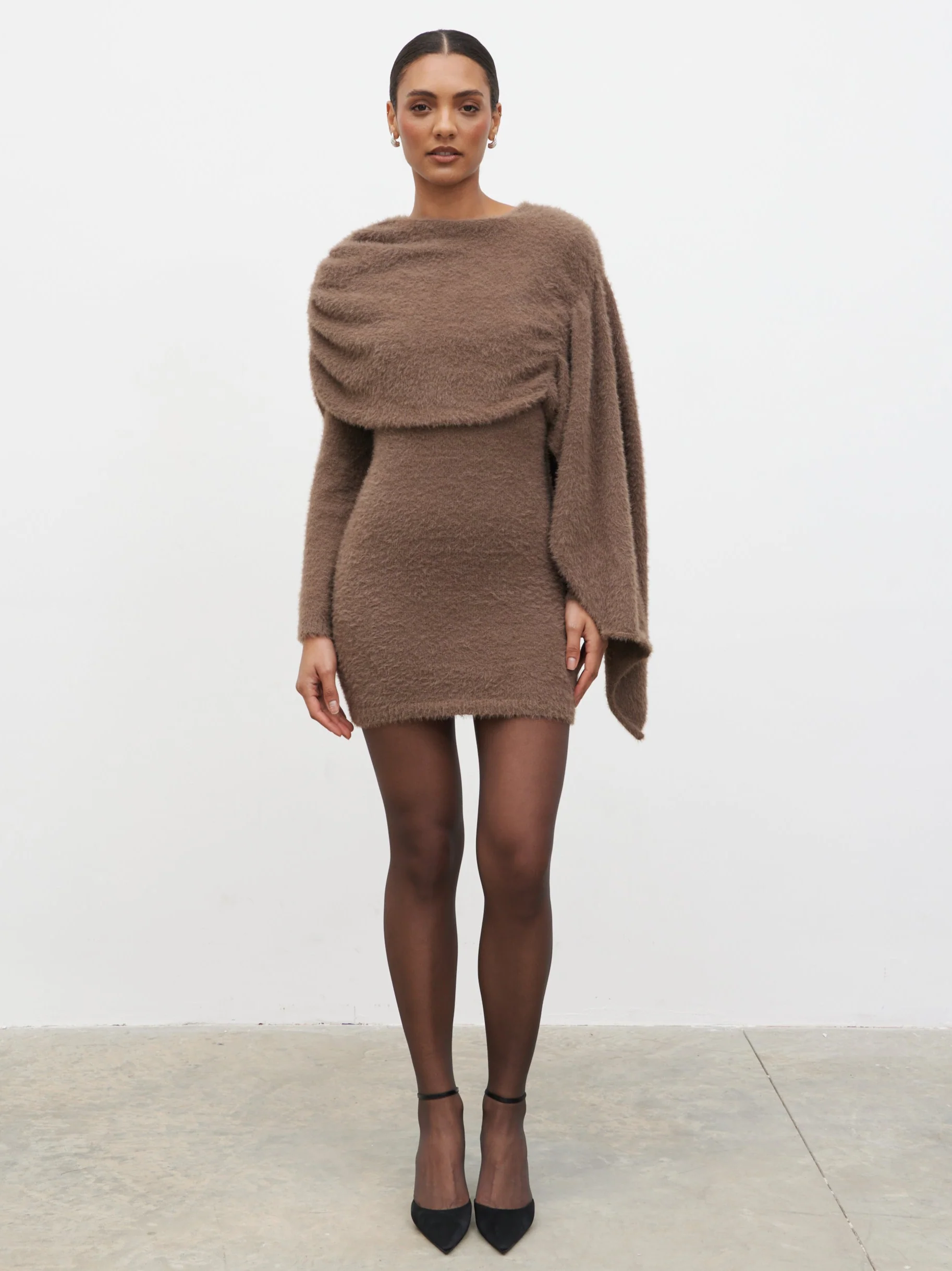 Cassio Drape Fluffy Knit Mini Dress - Mushroom - Image 2