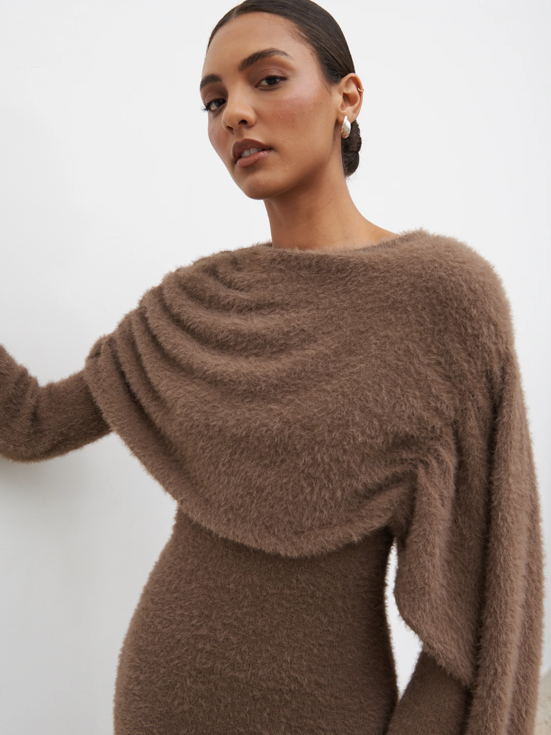 Cassio Drape Fluffy Knit Mini Dress - Mushroom - Image 3