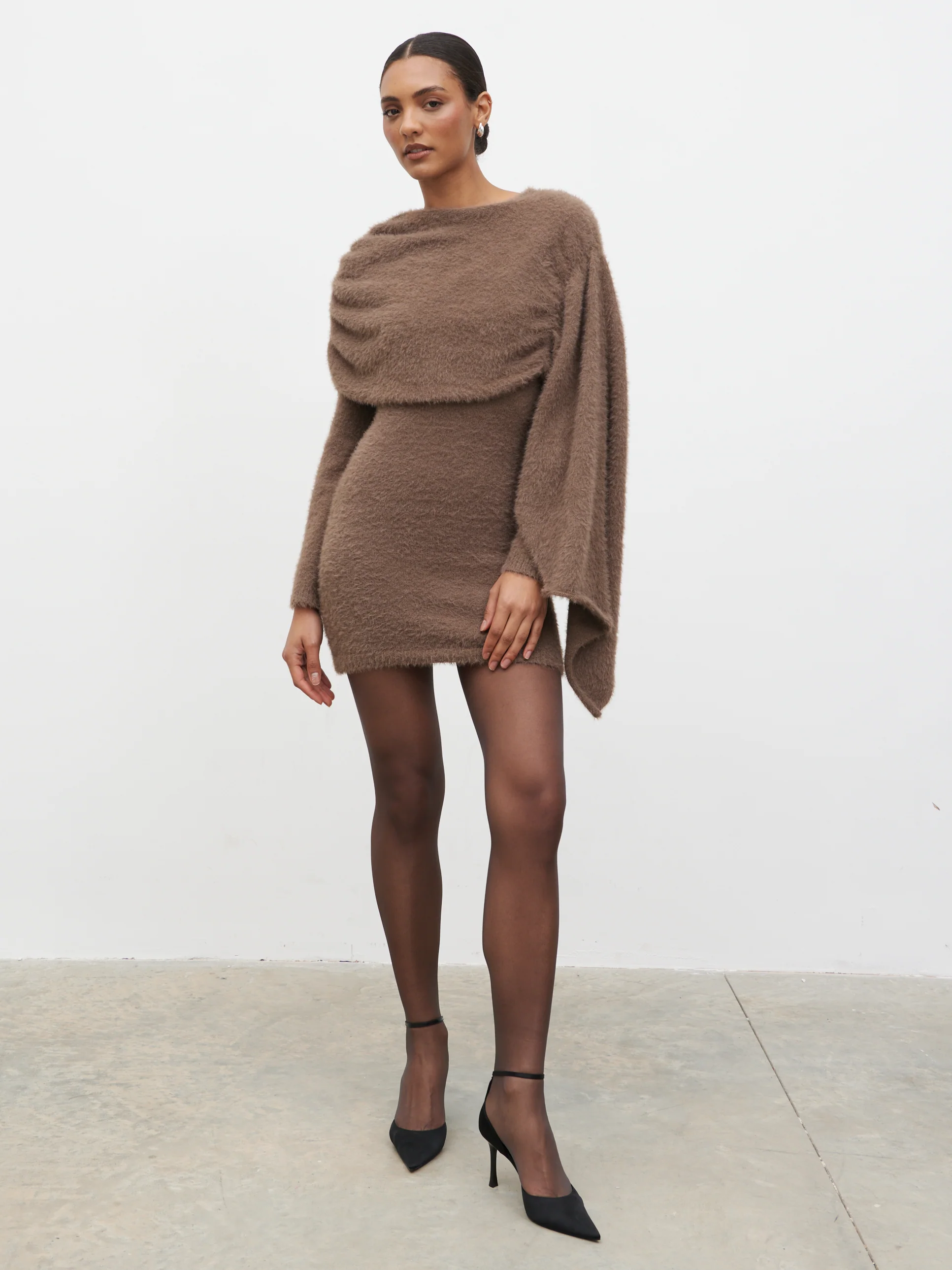 Cassio Drape Fluffy Knit Mini Dress - Mushroom - Image 4