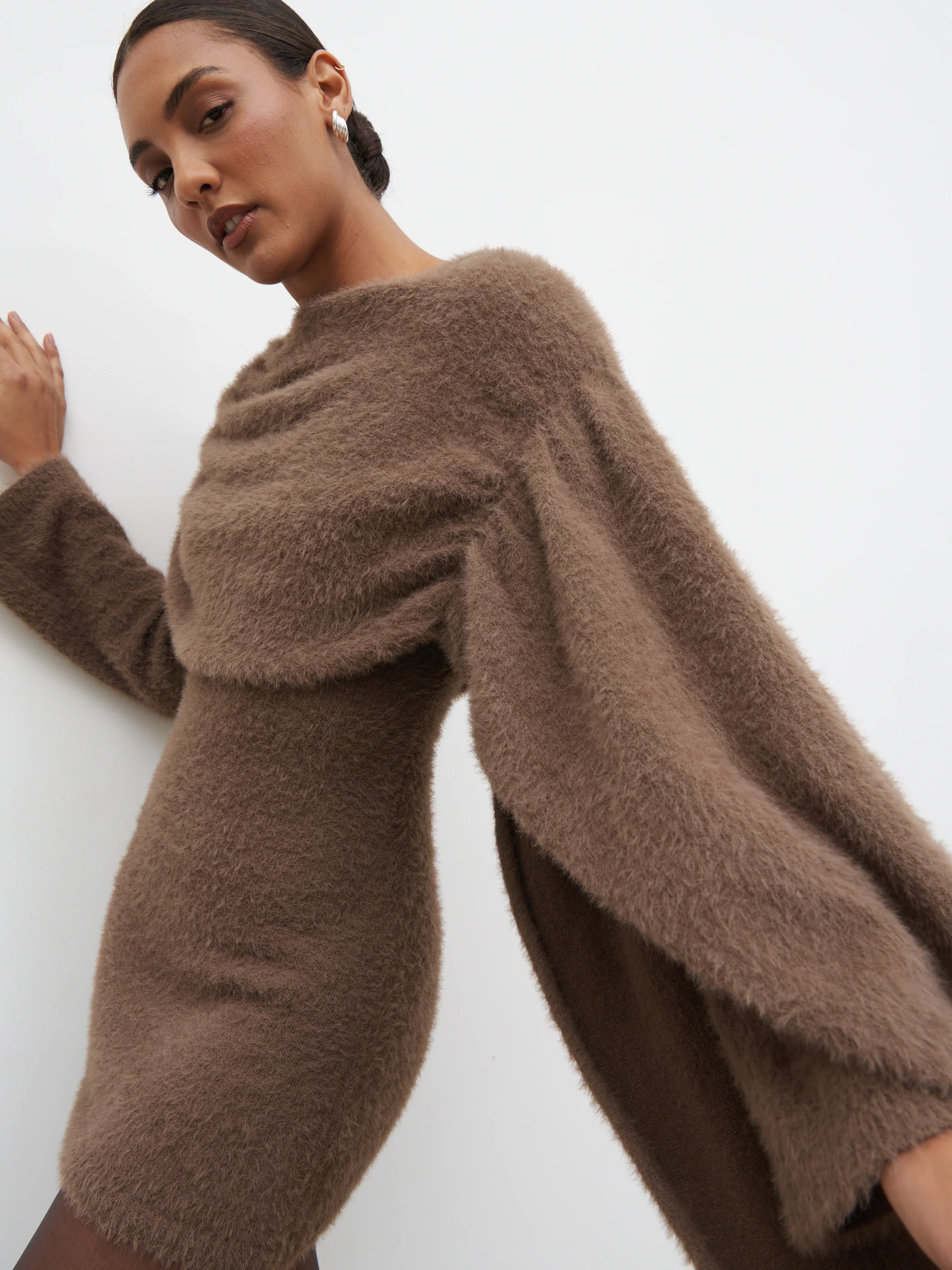 Cassio Drape Fluffy Knit Mini Dress - Mushroom - Image 5
