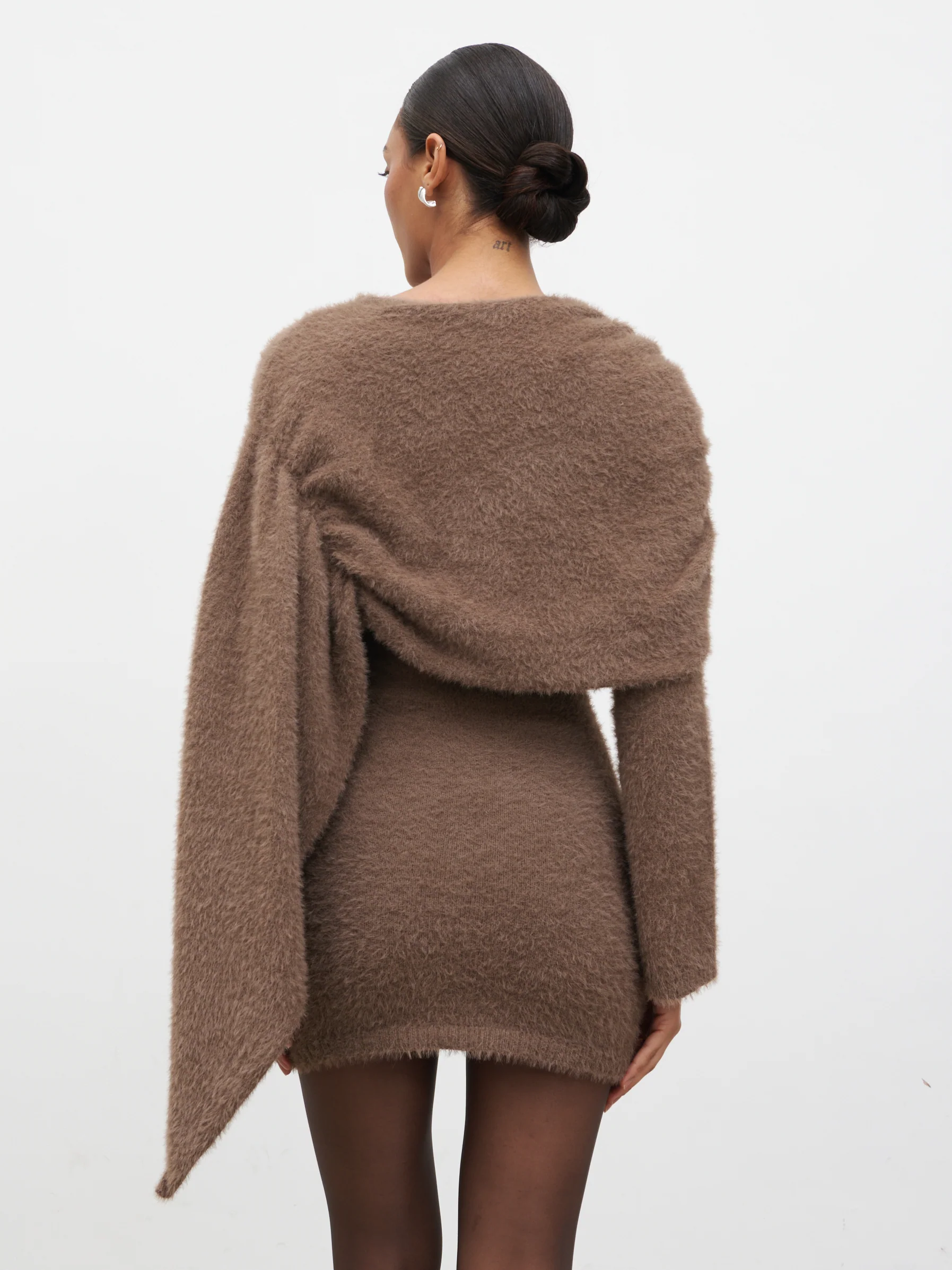 Cassio Drape Fluffy Knit Mini Dress - Mushroom - Image 7