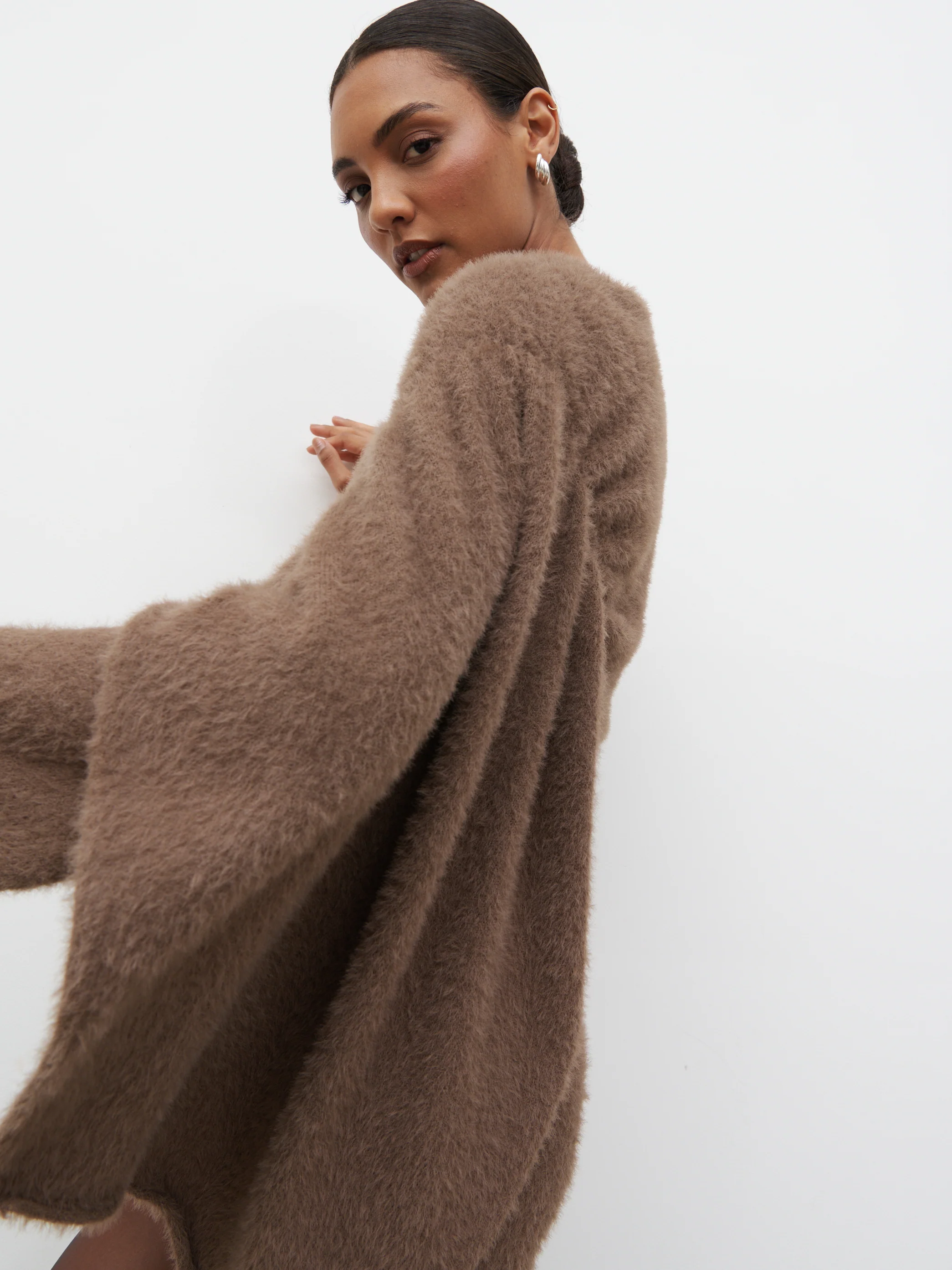 Cassio Drape Fluffy Knit Mini Dress - Mushroom - Image 8