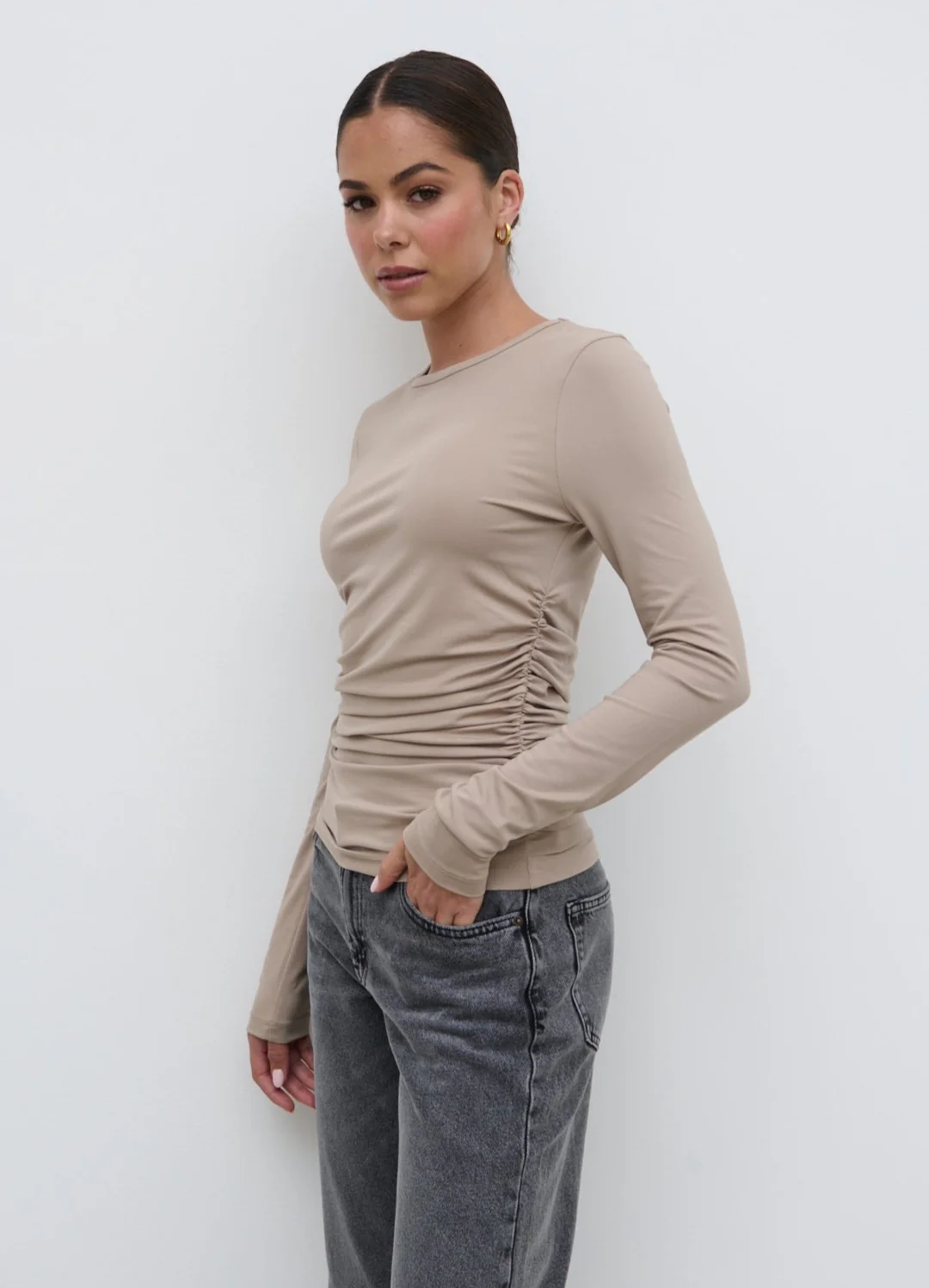 Celia Gathered Jersey Top - Taupe - Image 2