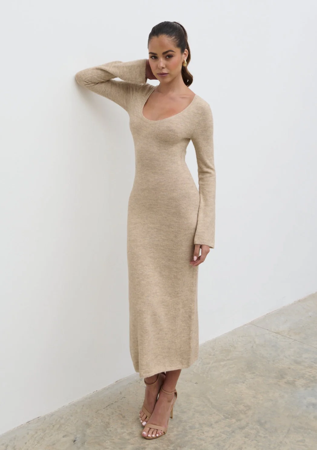 Clara Scoop Neck Knit Dress - Beige - Image 3