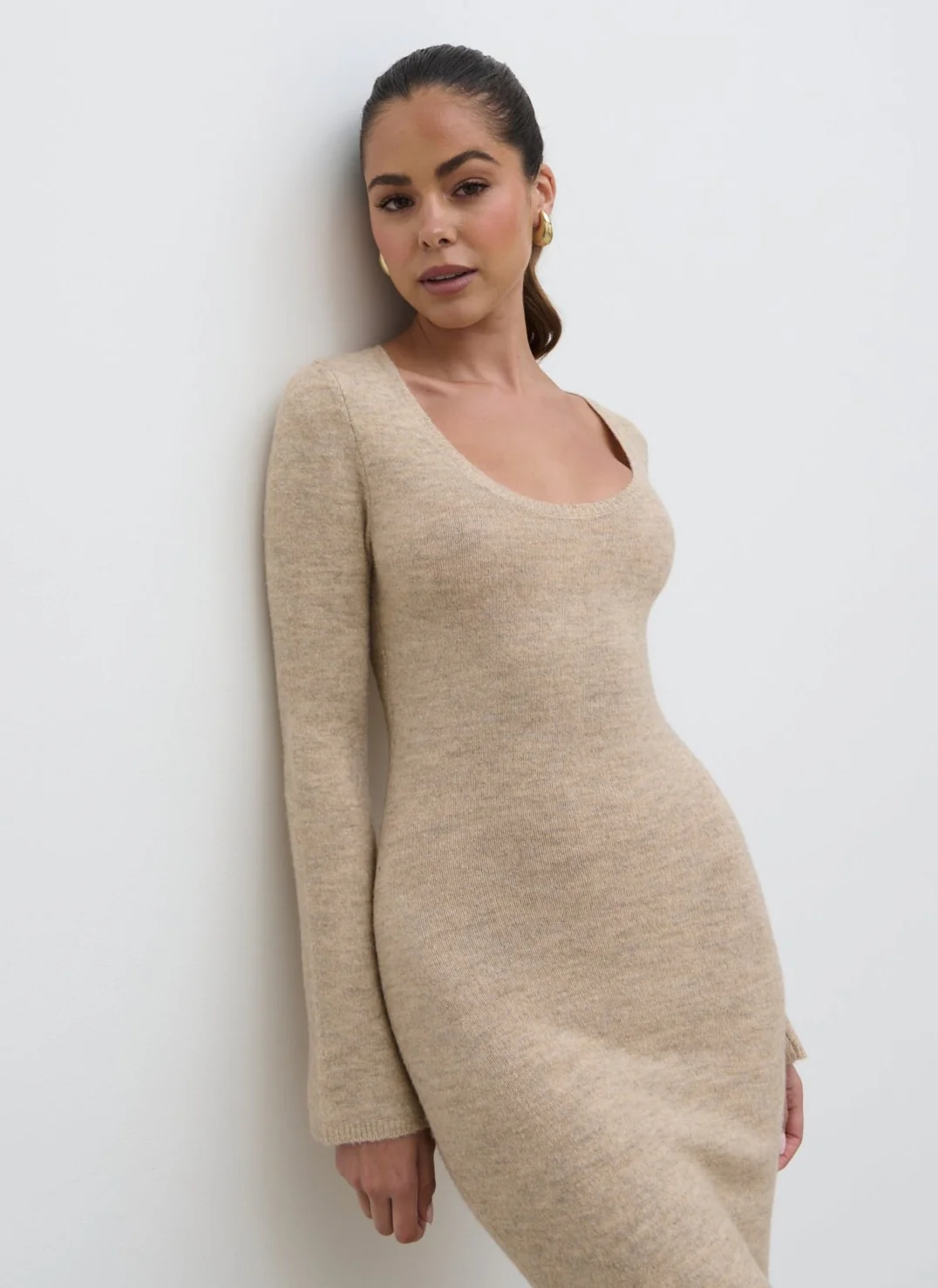 Clara Scoop Neck Knit Dress - Beige - Image 4