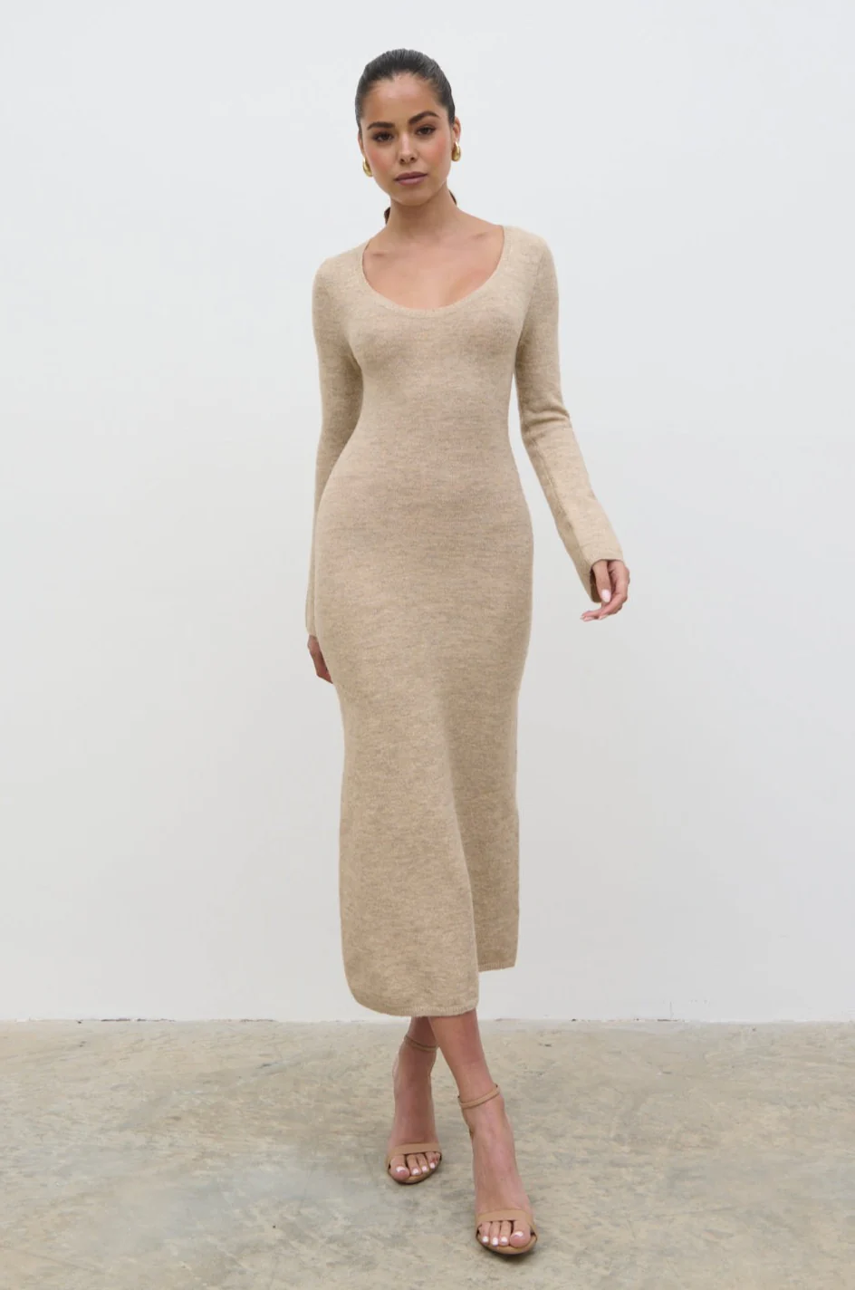 Clara Scoop Neck Knit Dress - Beige - Image 6