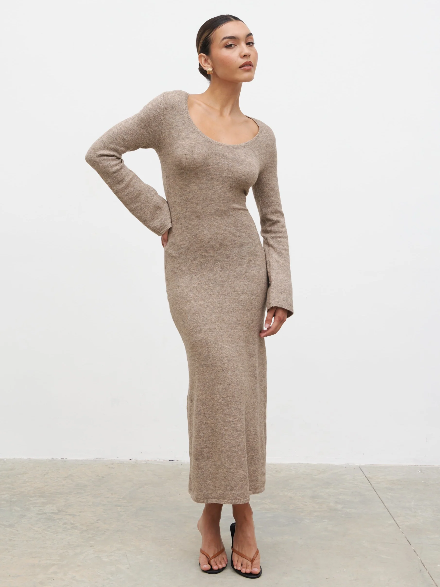 Clara Scoop Neck Knit Dress - Brown