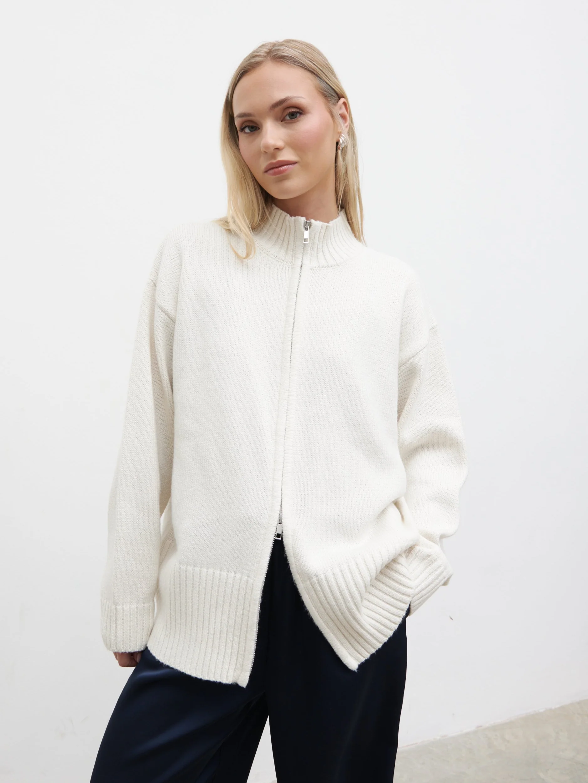 Claudia Double Ended Zip Knit Cardigan - Cream