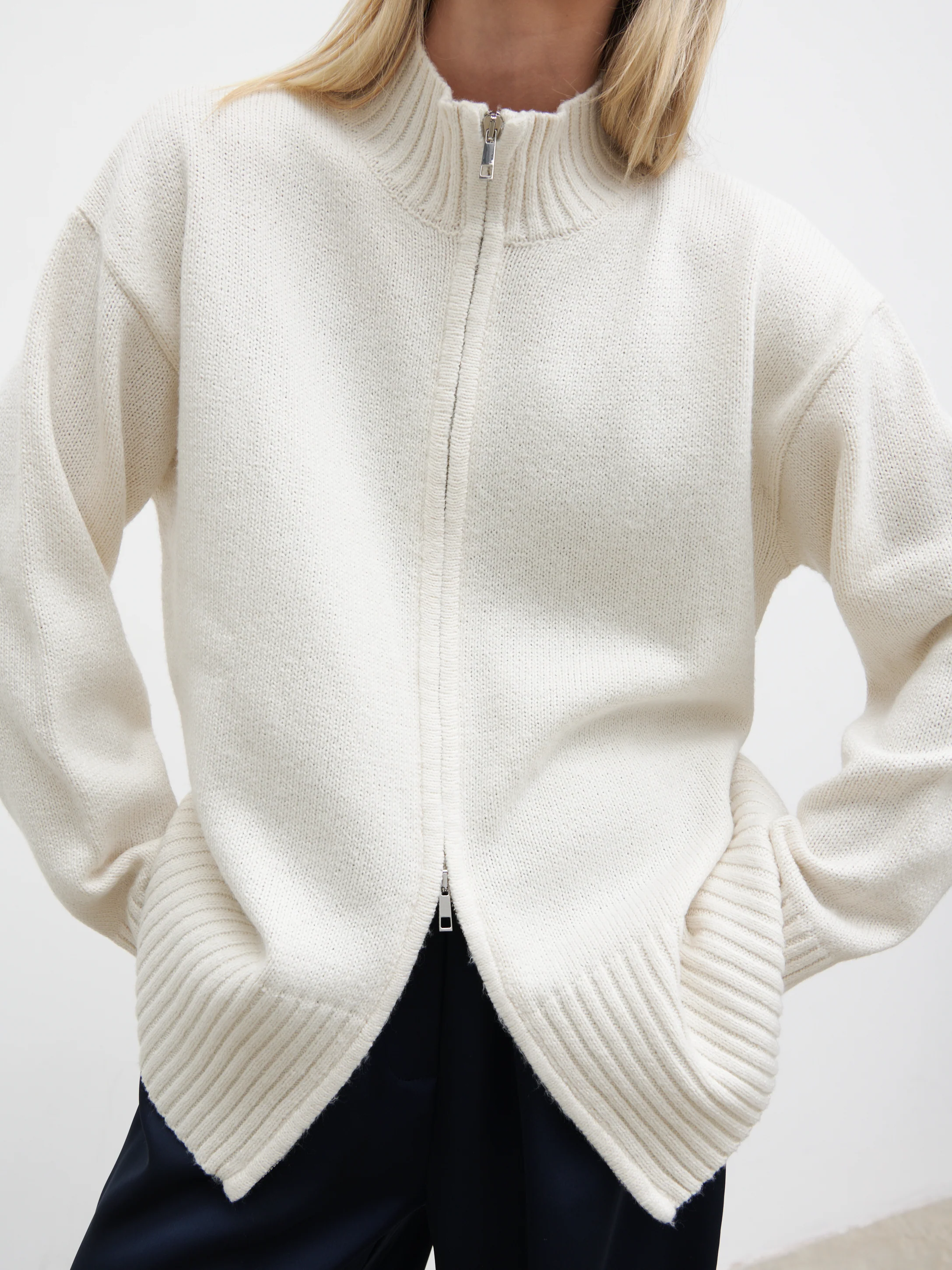Claudia Double Ended Zip Knit Cardigan - Cream - Image 3