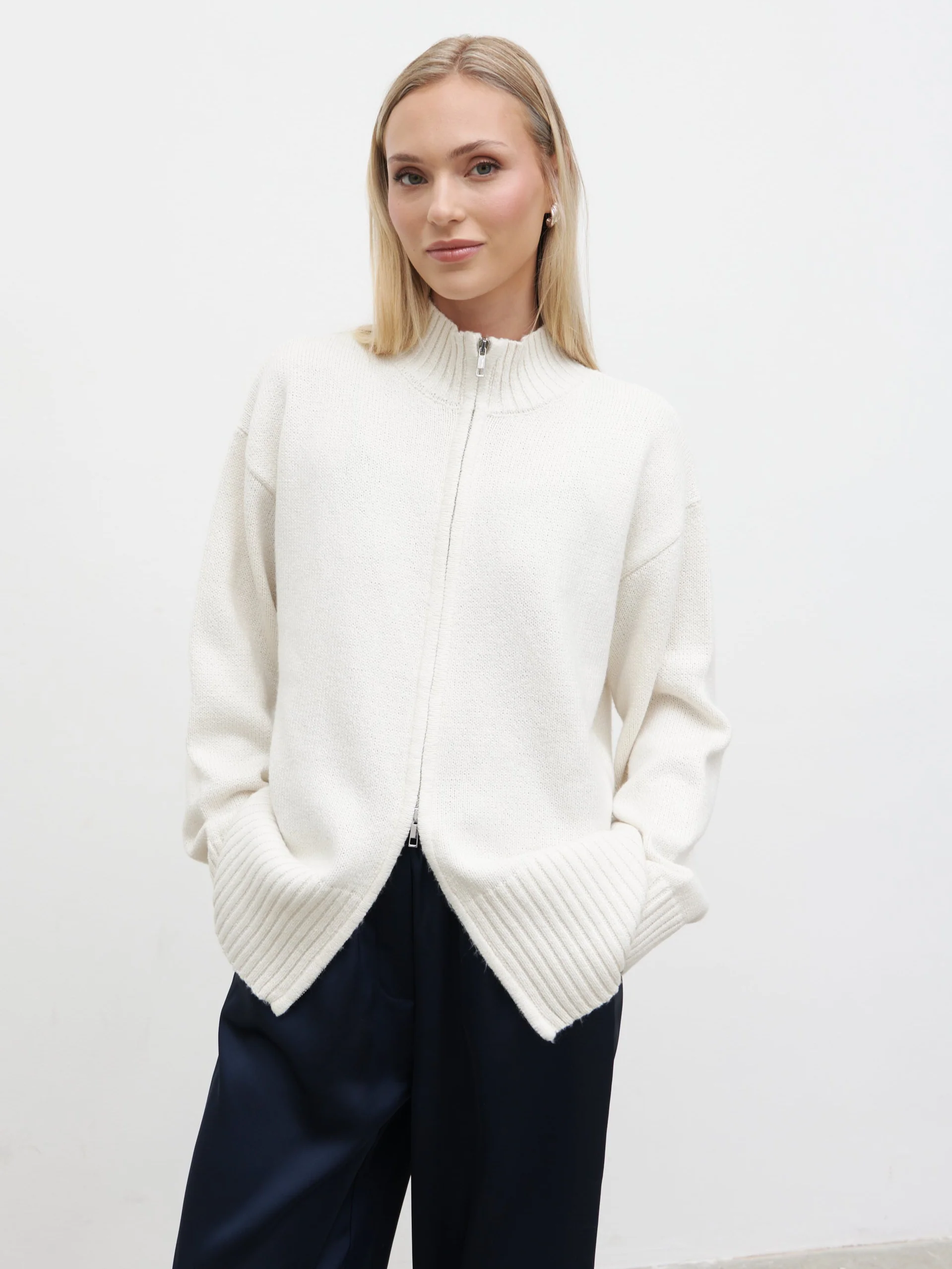 Claudia Double Ended Zip Knit Cardigan - Cream - Image 5