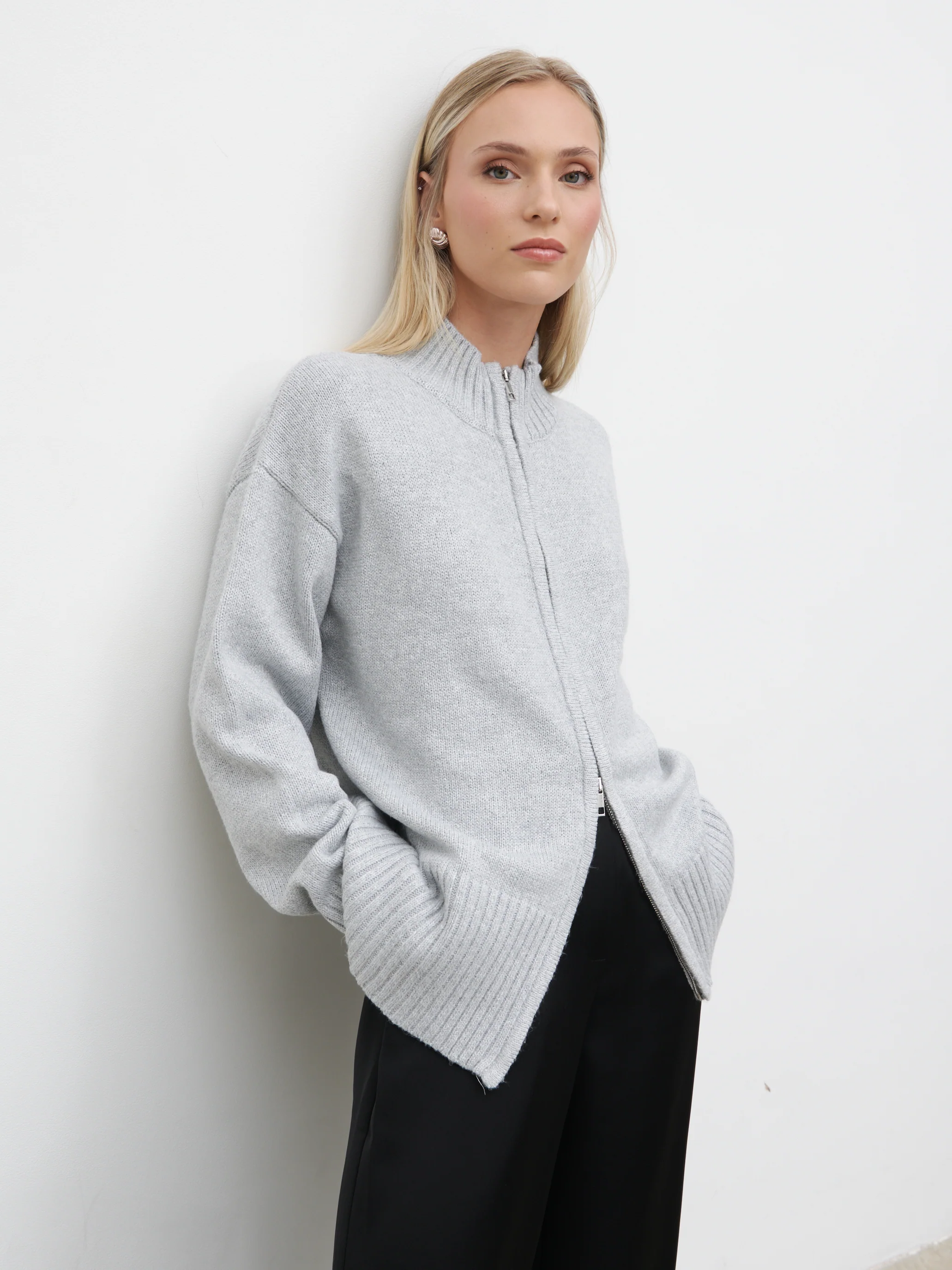 Claudia Double Ended Zip Knit Cardigan - Light Grey