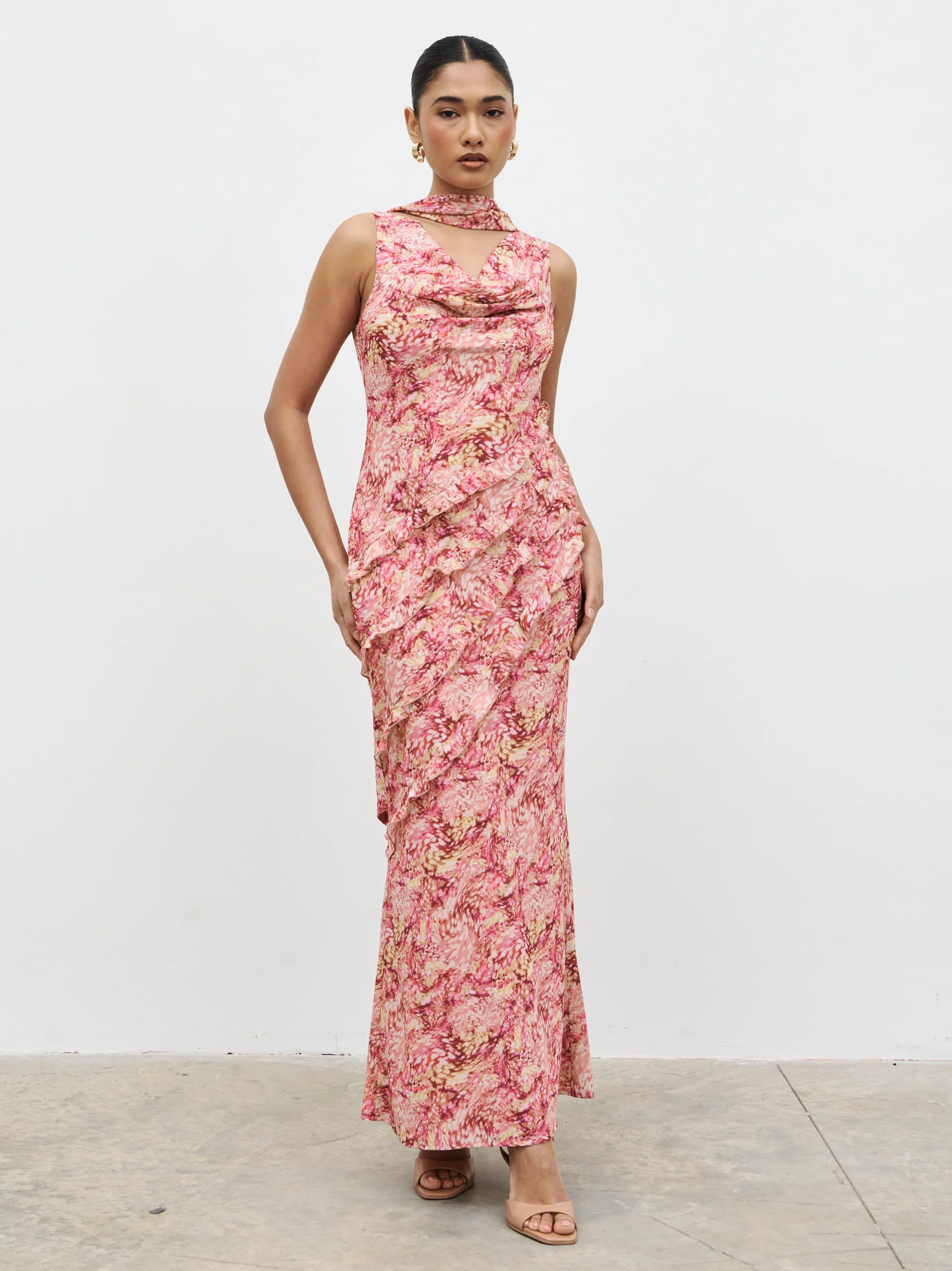Constance Scarf Ruffle Maxi Dress - Berry Multi Abstract