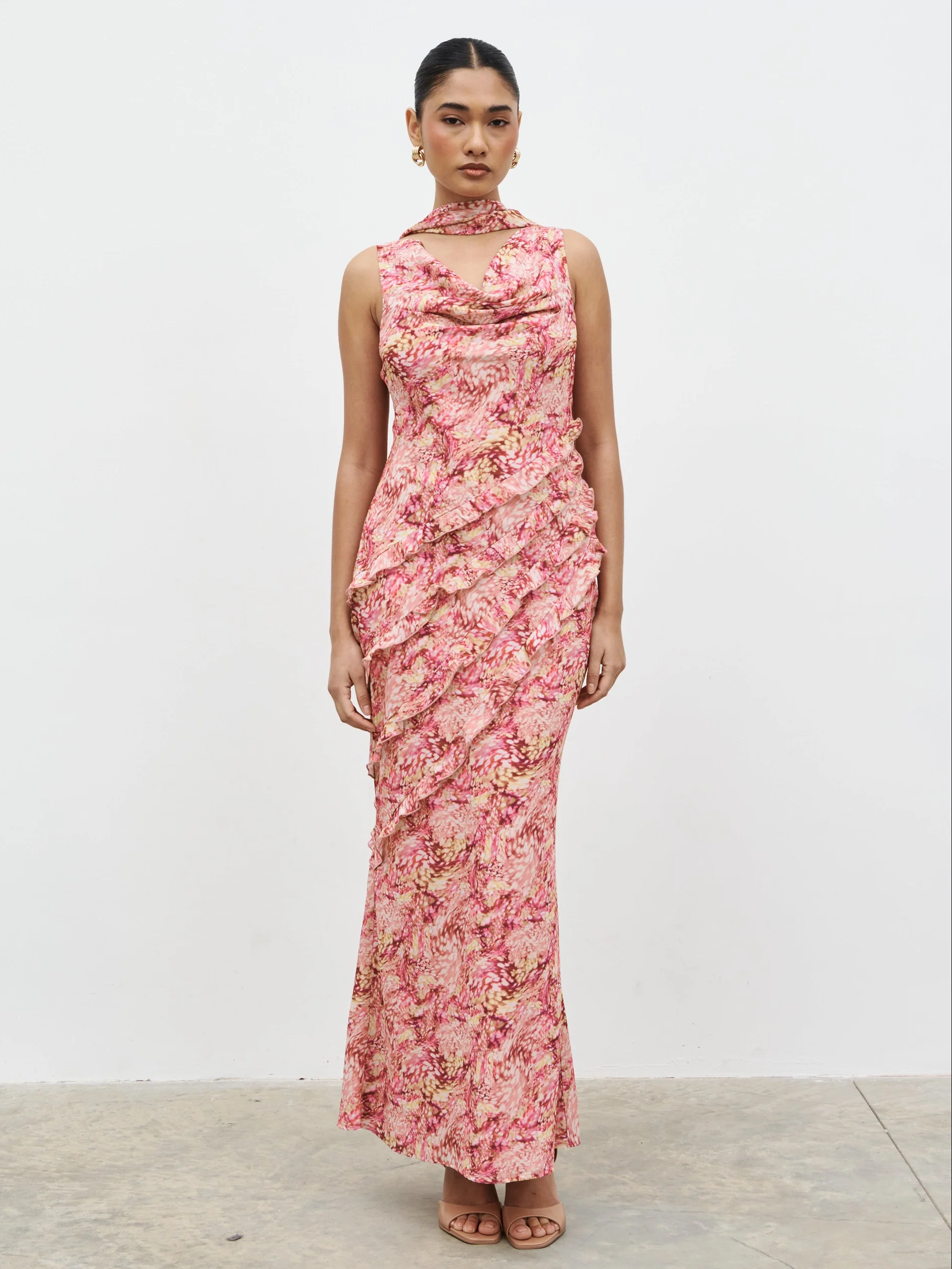 Constance Scarf Ruffle Maxi Dress - Berry Multi Abstract - Image 2